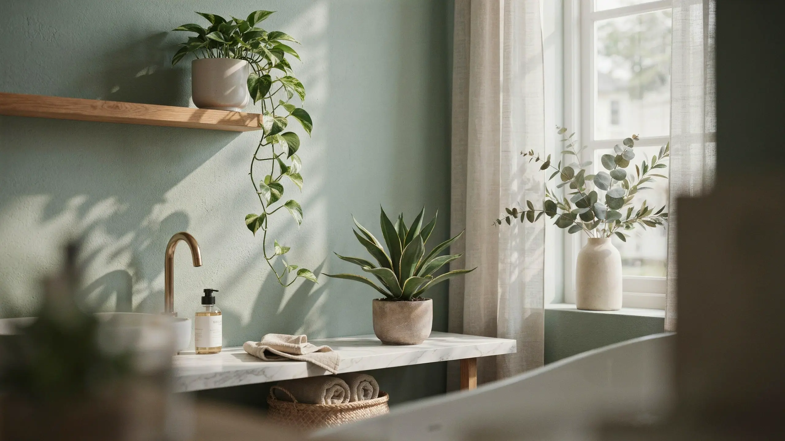 A sage green bathroom vanity styled with a trailing pothos plant on a floating wooden shelf, a potted agave plant on a white marble counter, and a vase of eucalyptus by a sunlit window.