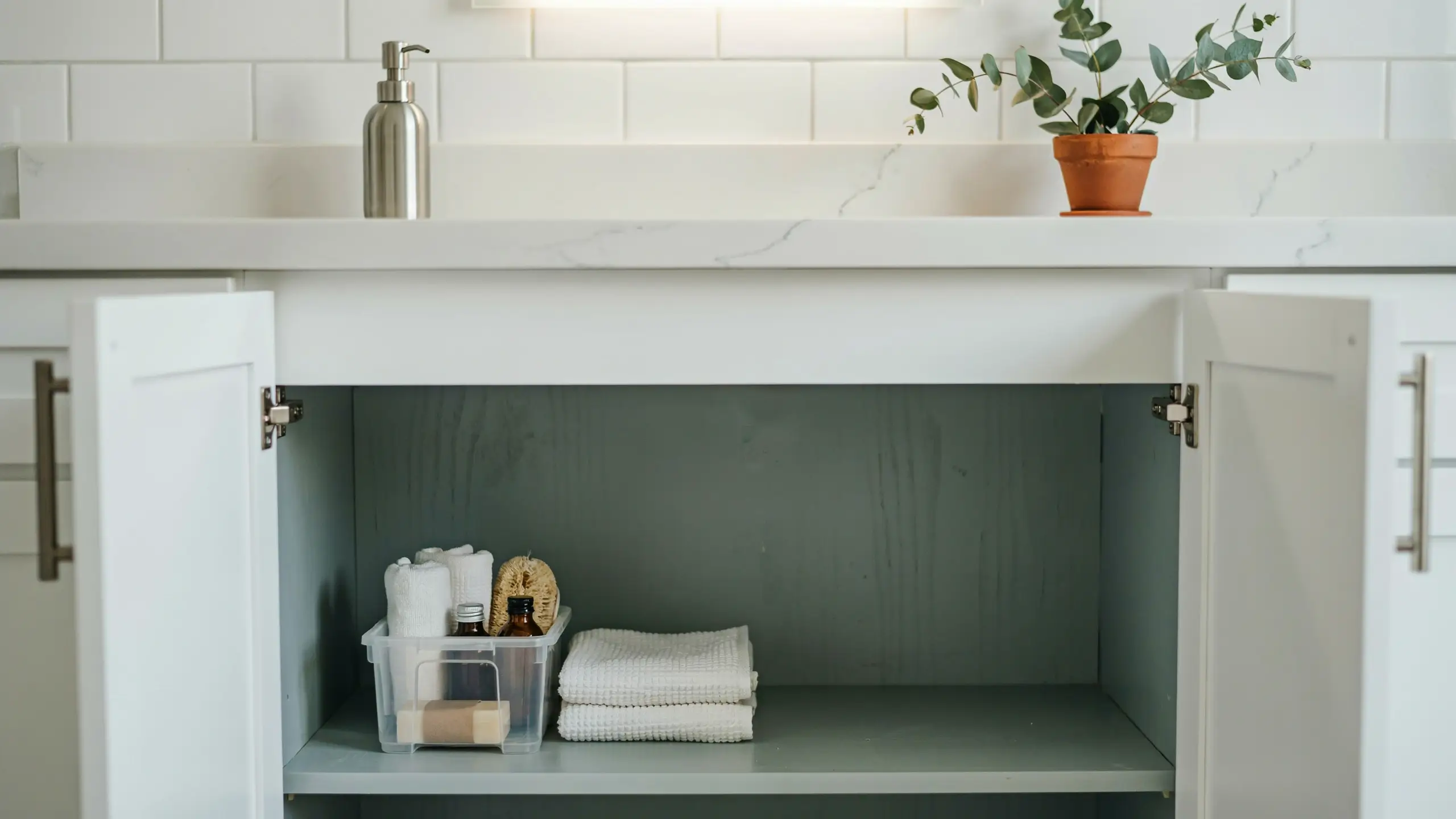 White bathroom vanity cabinet open to reveal clear storage bin holding washcloths, amber bottles, sponge, and folded towels.