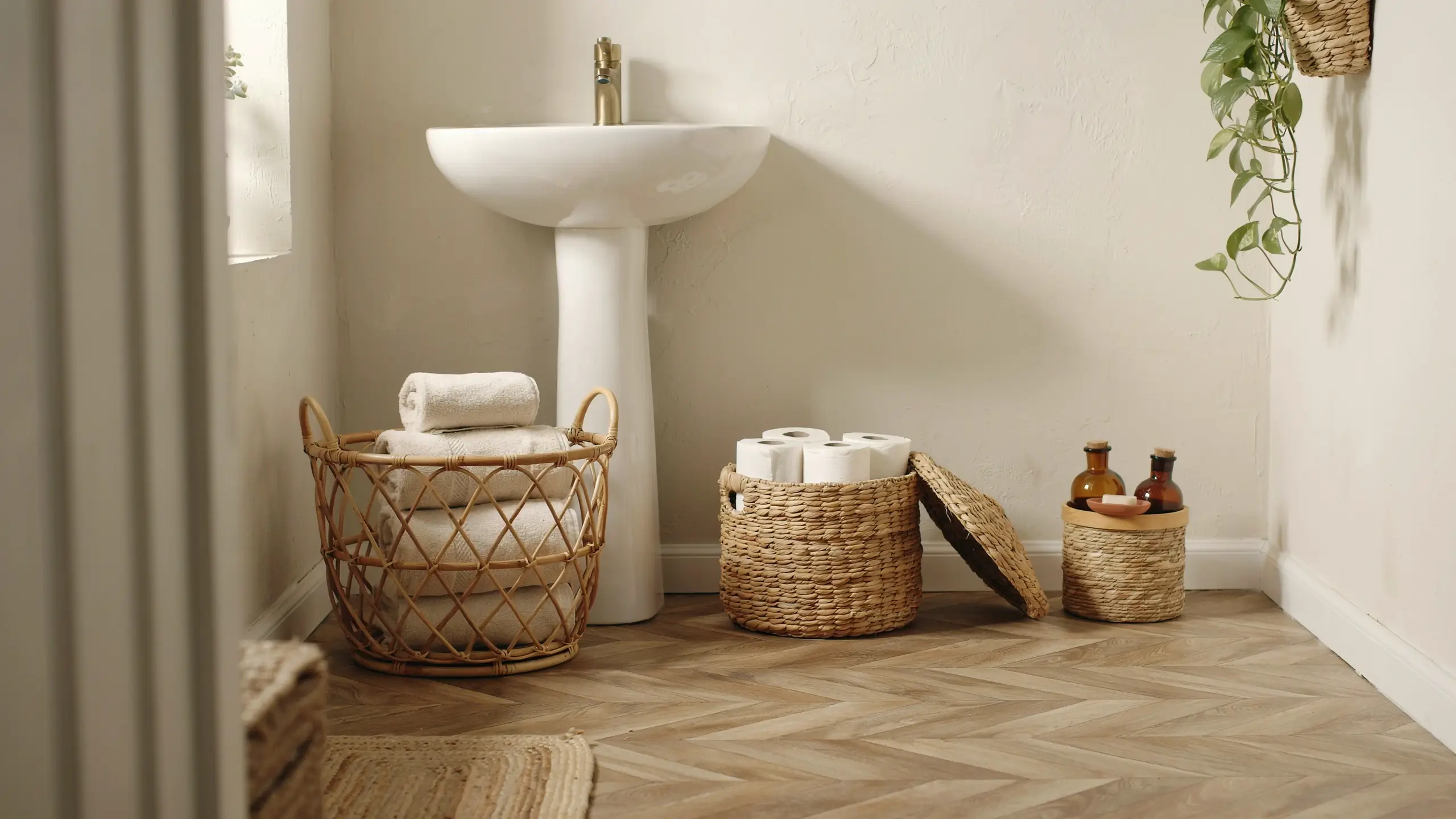White rolled towels organized inside a large open-weave rattan storage basket, accompanied by matching smaller baskets holding toilet paper rolls and amber glass bottles, styled beside a white pedestal sink with a gold faucet in an earthy, minimalist bathroom.