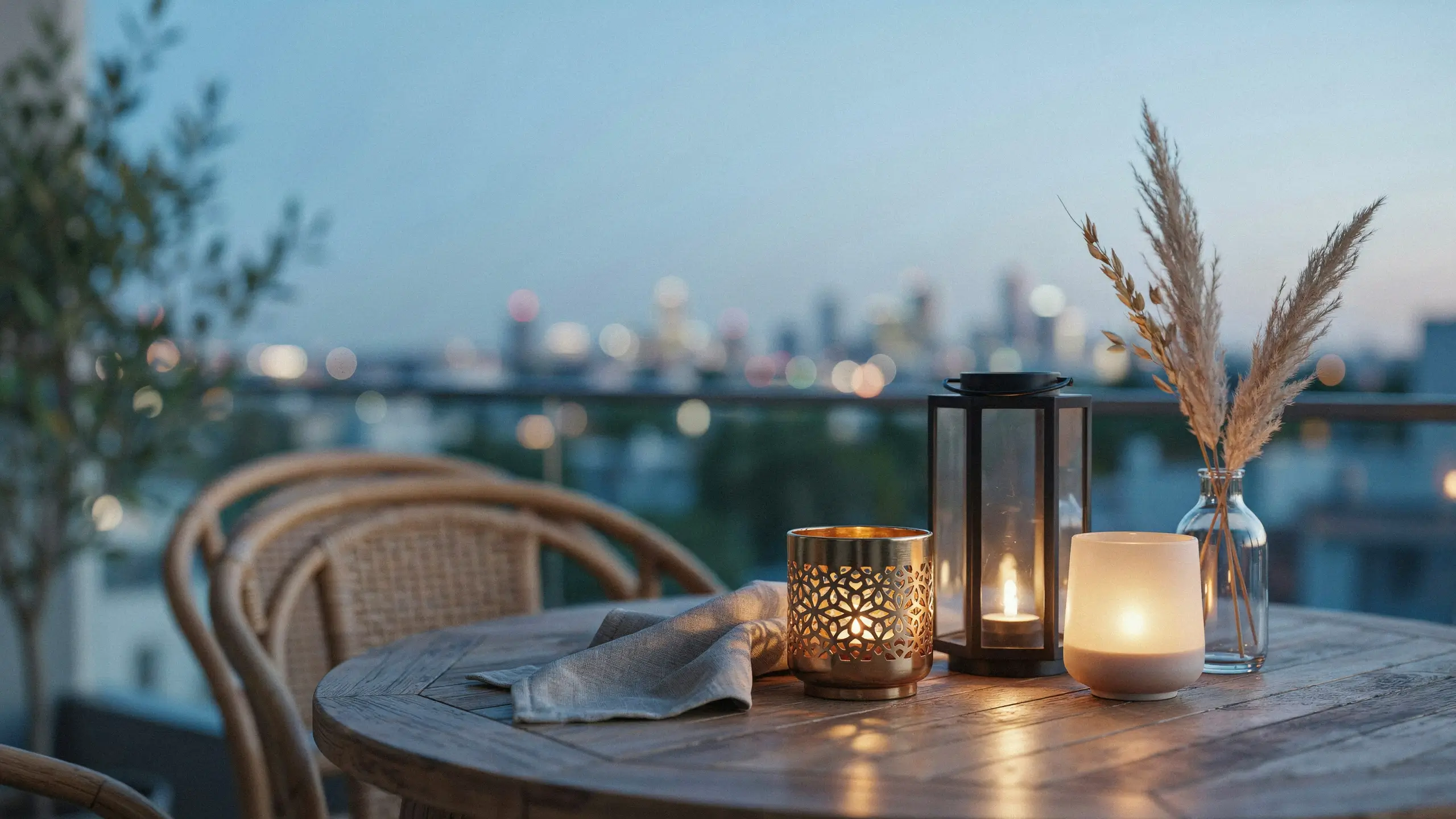 A trio of warm battery-powered lanterns on a round wooden tabletop, including a gold geometric holder, a black framed lantern, and a frosted glass lamp, accompanied by dried pampas grass and a linen napkin on a twilight balcony overlooking a blurred city skyline.