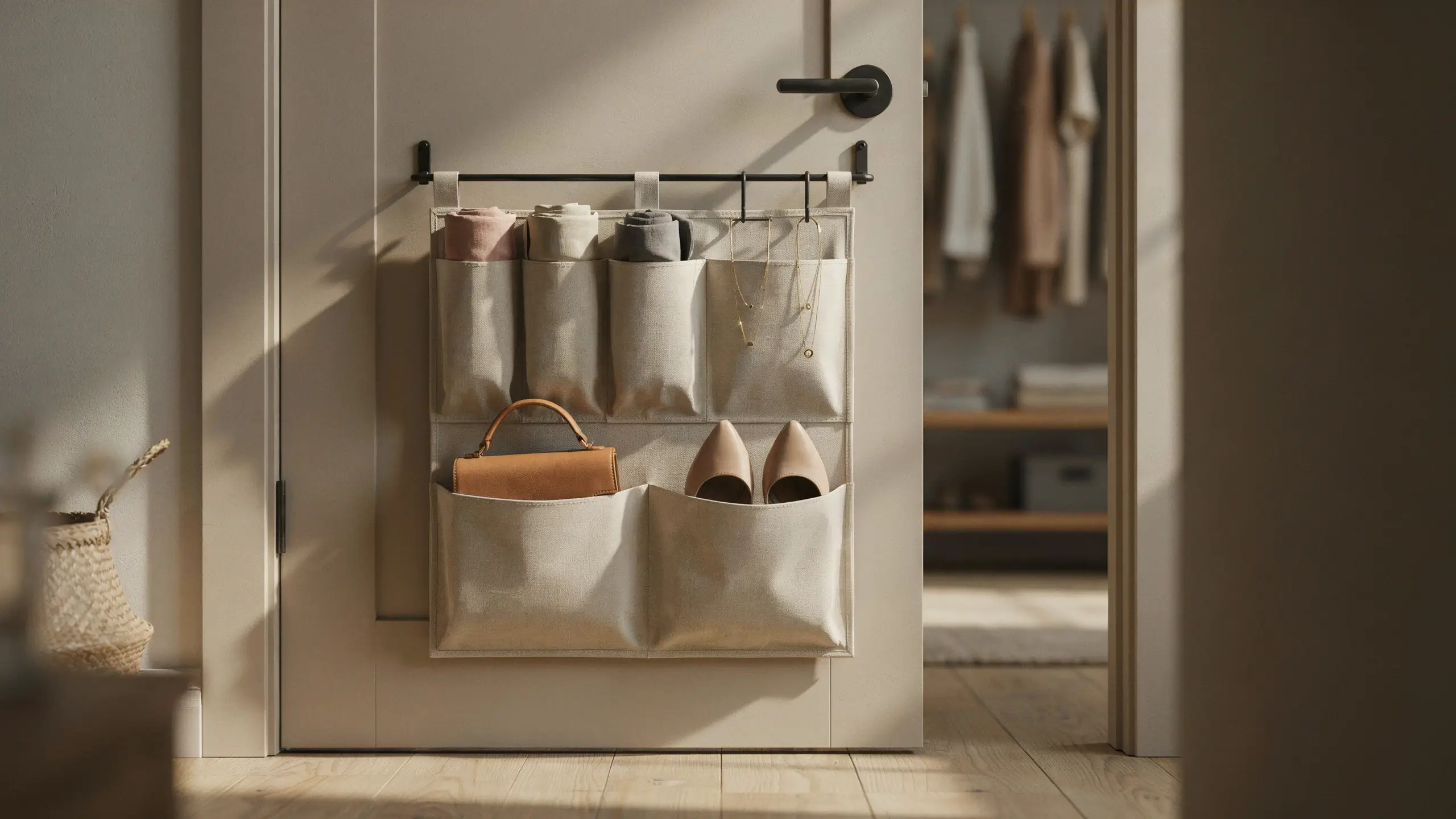 Beige canvas over-the-door hanging organizer storing rolled clothes, jewelry, a tan handbag, and beige high heels on a white door in a sunlit bedroom closet.