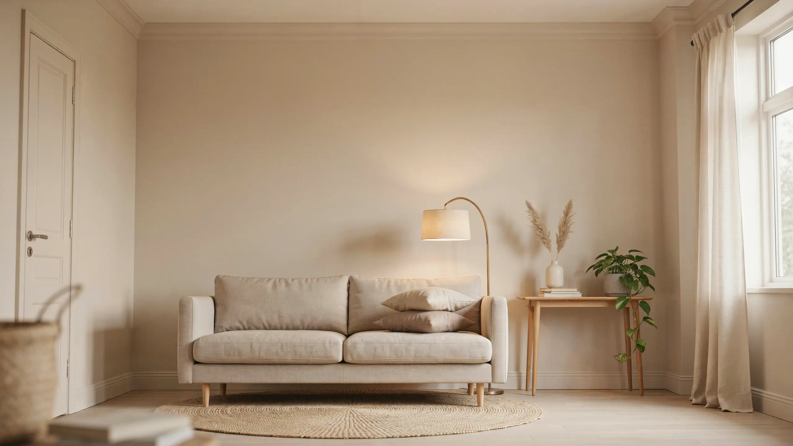 Beige living room with walls, ceiling, and trim painted one continuous color, featuring a cream sofa, arched lamp, and pampas grass