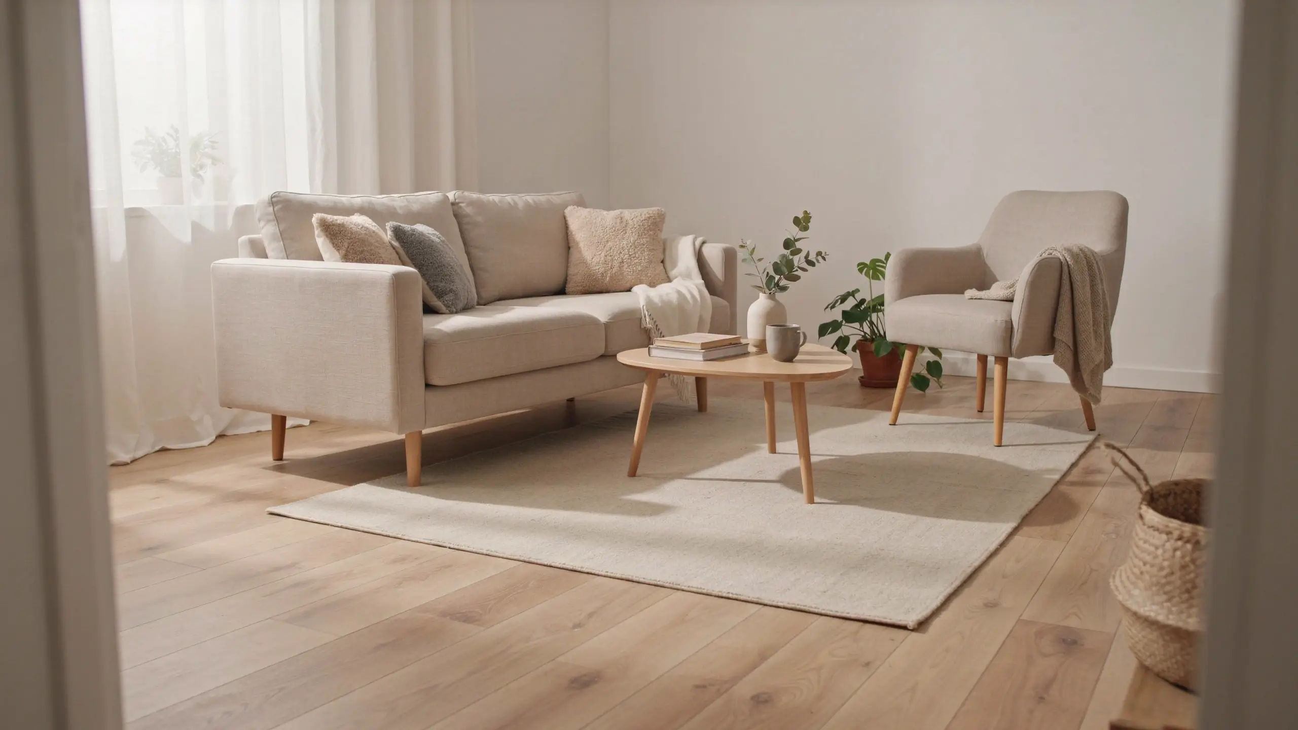 Light beige mid-century sofa and armchair with visible wooden legs in a bright, minimalist living room setting.