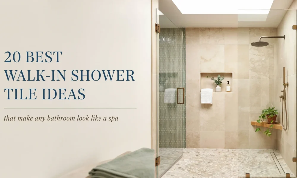 A modern spa bathroom featuring a walk-in shower with beige stone wall tiles, green vertical mosaic accent tiles in a built-in niche, a frameless glass enclosure with brass hardware, and a wooden floating shelf with a trailing green plant.