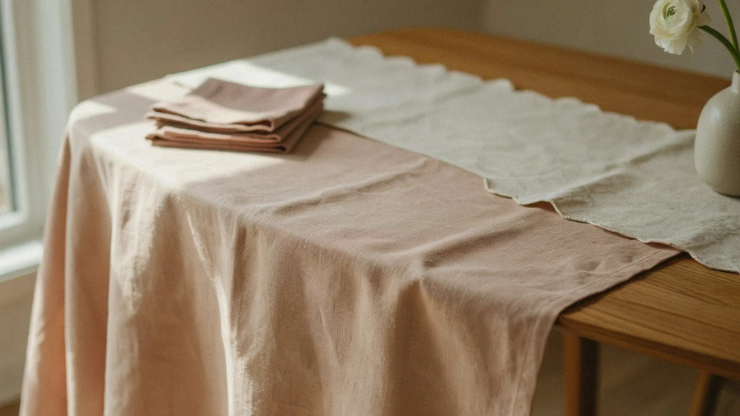 A textured dusty pink linen tablecloth draped over a natural wood dining table, styled with a folded stack of linen napkins, a cream runner, and a minimalist white ceramic vase holding a single white flower, illuminated by soft natural sunlight from a window.