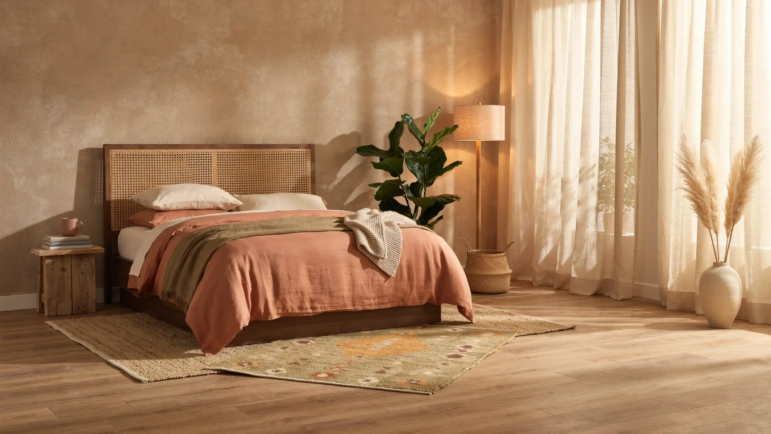 Modern boho earthy masculine bedroom featuring a rattan cane headboard, rust-salmon linen duvet, and pampas grass decor bathed in warm natural light.