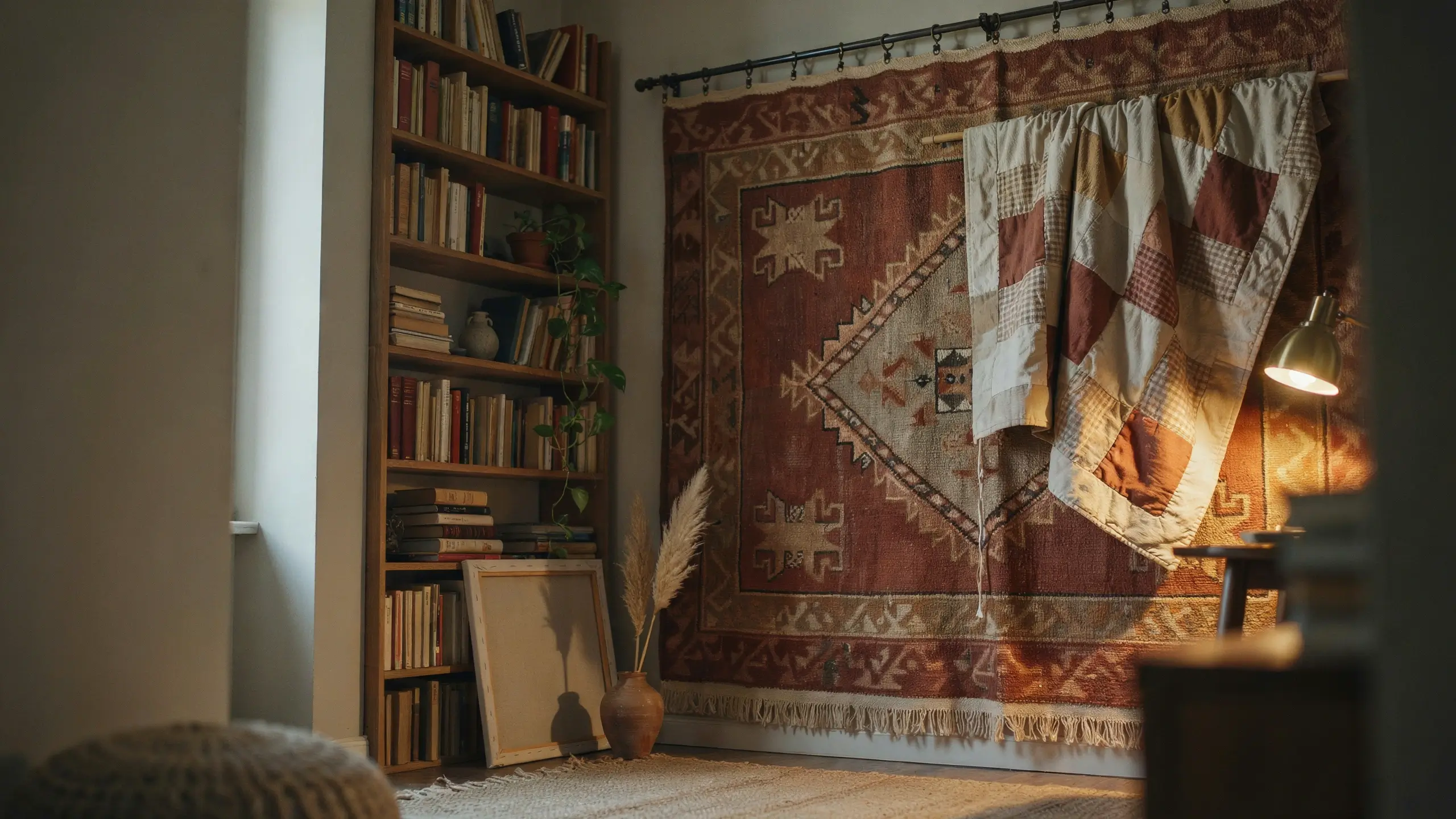 Hanging bohemian kilim rug tapestry and patchwork quilt as wall decor beside a wooden bookshelf filled with books and a vase of pampas grass.