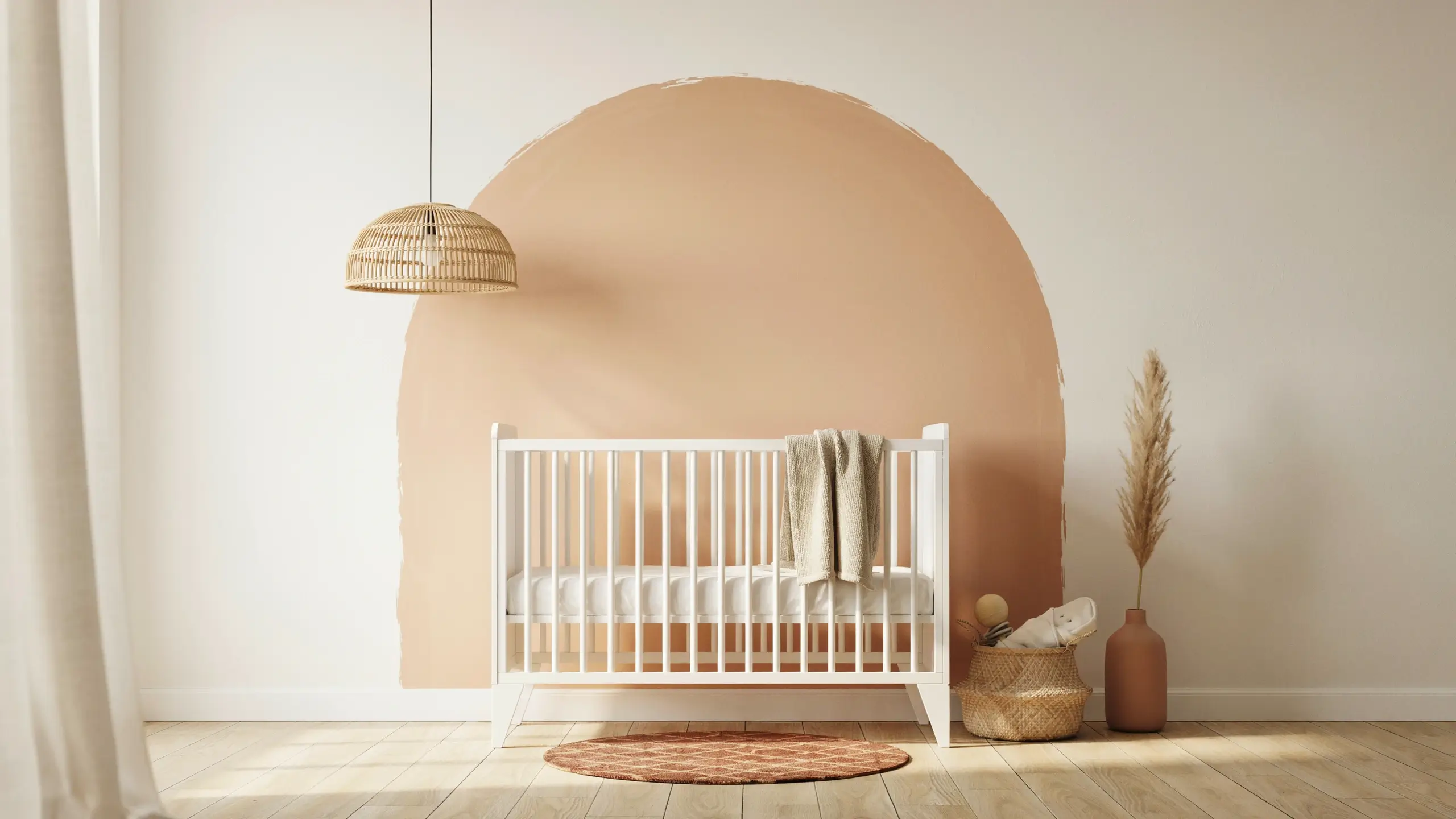Modern boho nursery featuring a white wooden crib placed directly under a large terracotta painted arch on the wall, accompanied by a woven rattan pendant light and a rustic vase of dried pampas grass.