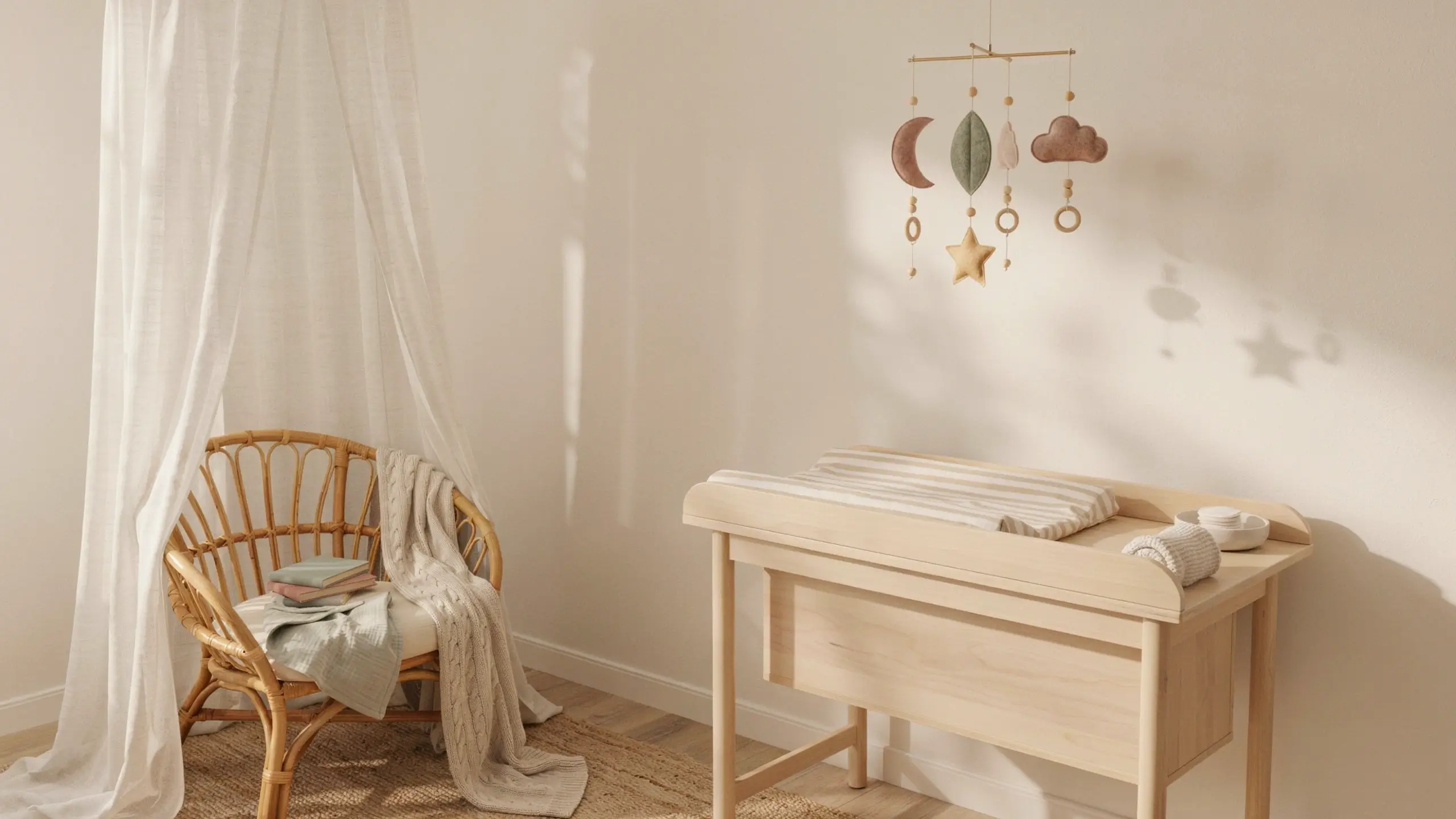 A neutral boho nursery corner featuring a rattan armchair beneath a sheer white canopy, next to a light wood changing table with a striped pad, while a simple baby mobile with moon, star, leaf, and cloud shapes hangs overhead casting soft shadows.