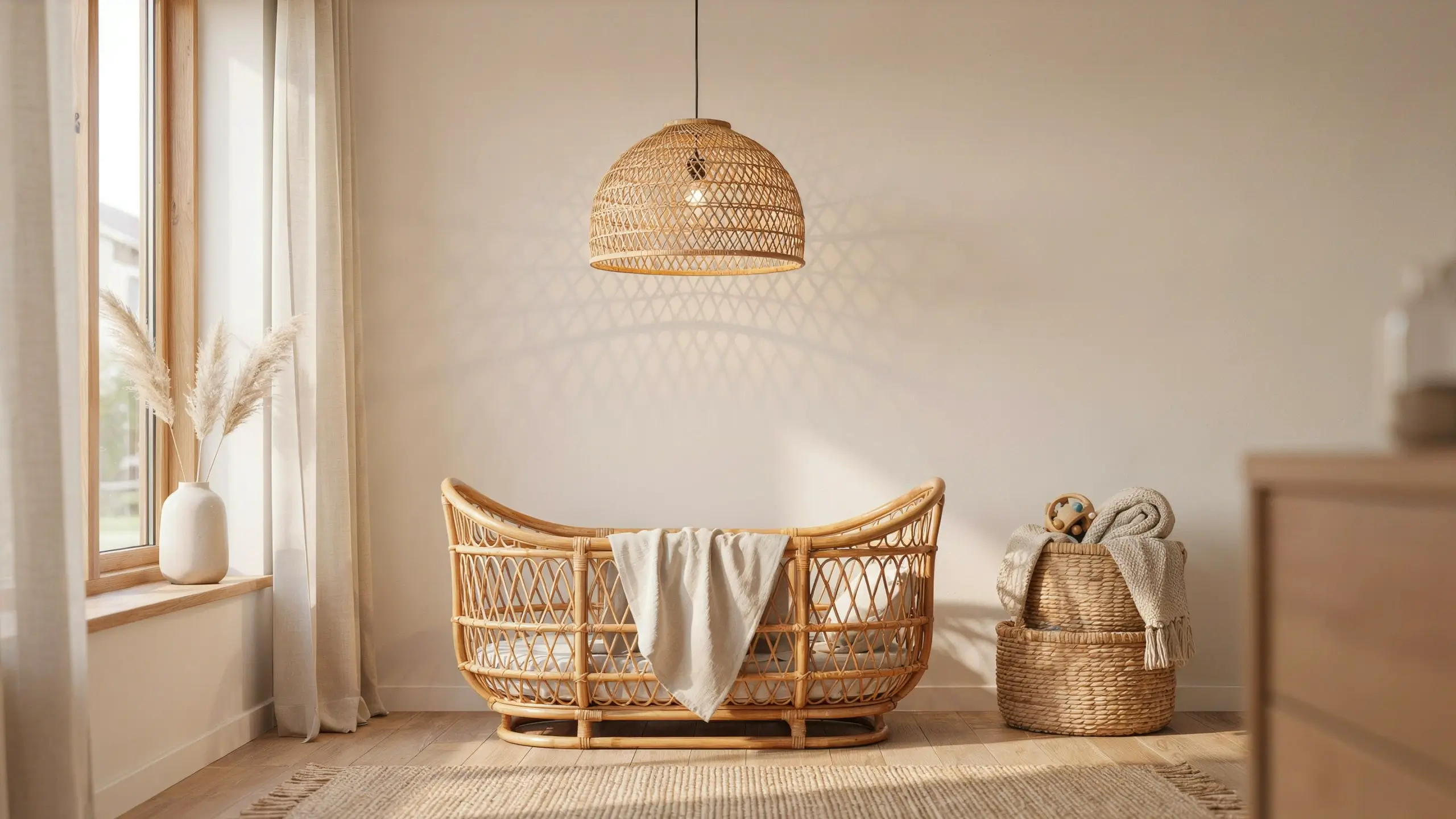 Sunlit boho nursery featuring a curved rattan baby crib draped in a soft beige blanket, a woven dome pendant light casting geometric shadows, natural jute storage baskets, and a white vase of pampas grass near a large window.