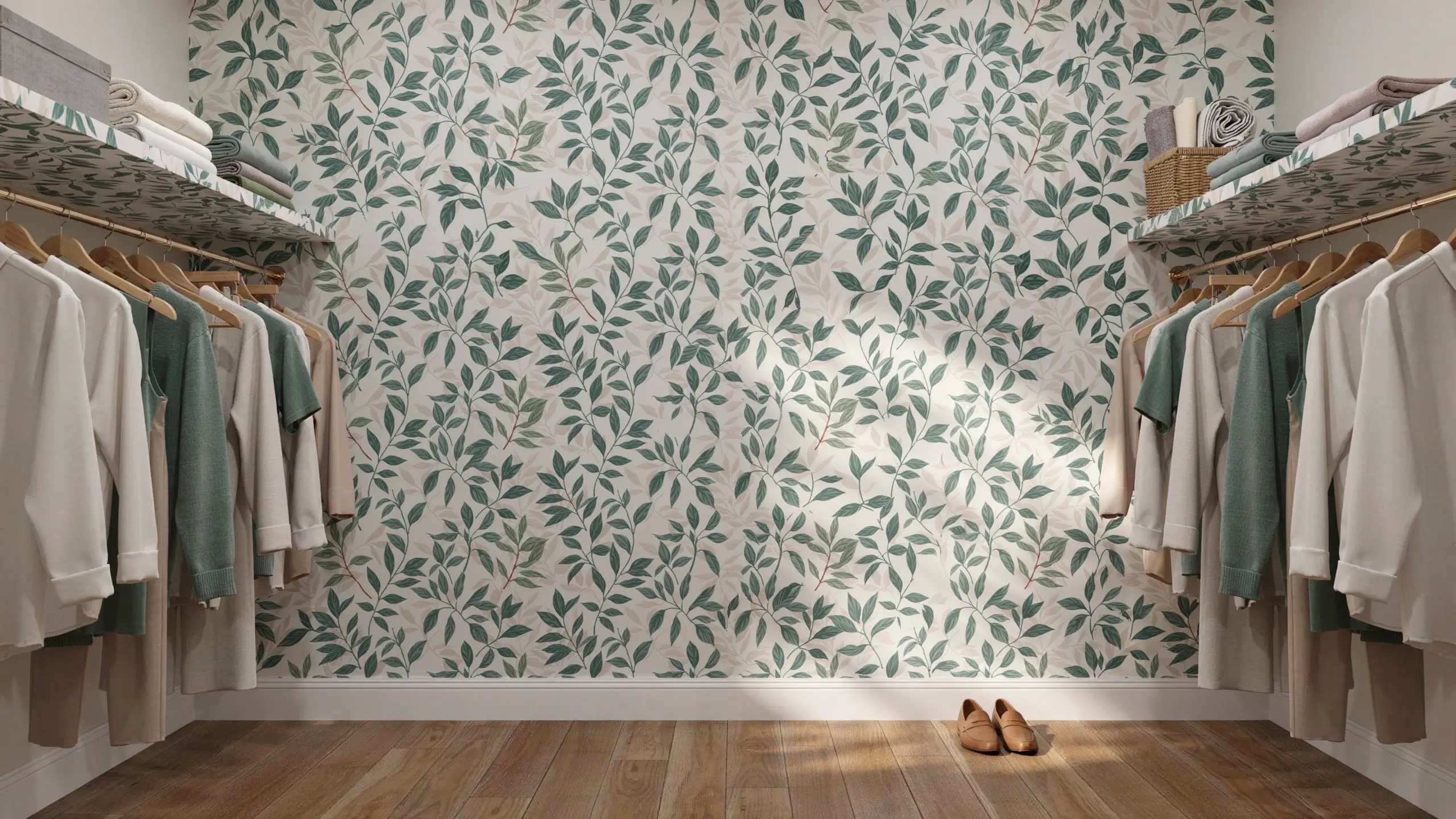 Open walk-in closet with sage green and cream clothes on wooden hangers, styled with botanical leaf wallpaper and a sunlit wood floor.