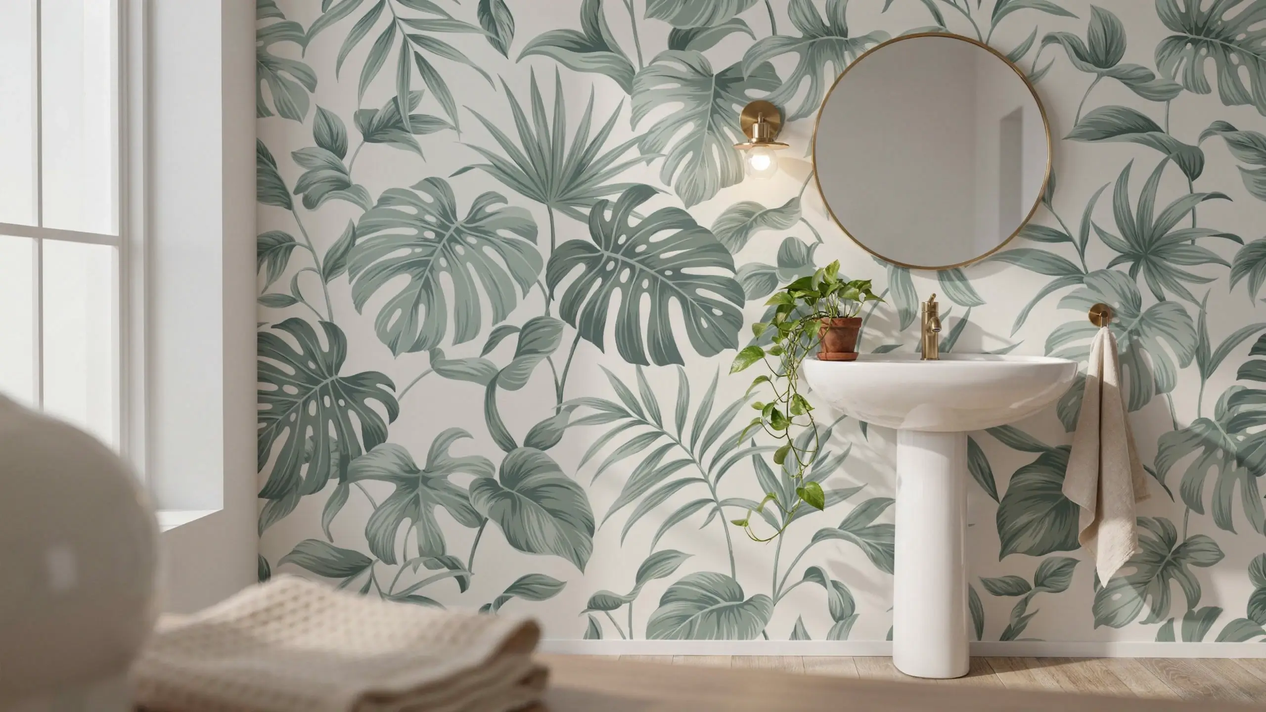 Bright bathroom interior featuring green and white botanical monstera wallpaper, a white pedestal sink with a gold faucet, a round brass-framed mirror, and a trailing potted pothos plant.