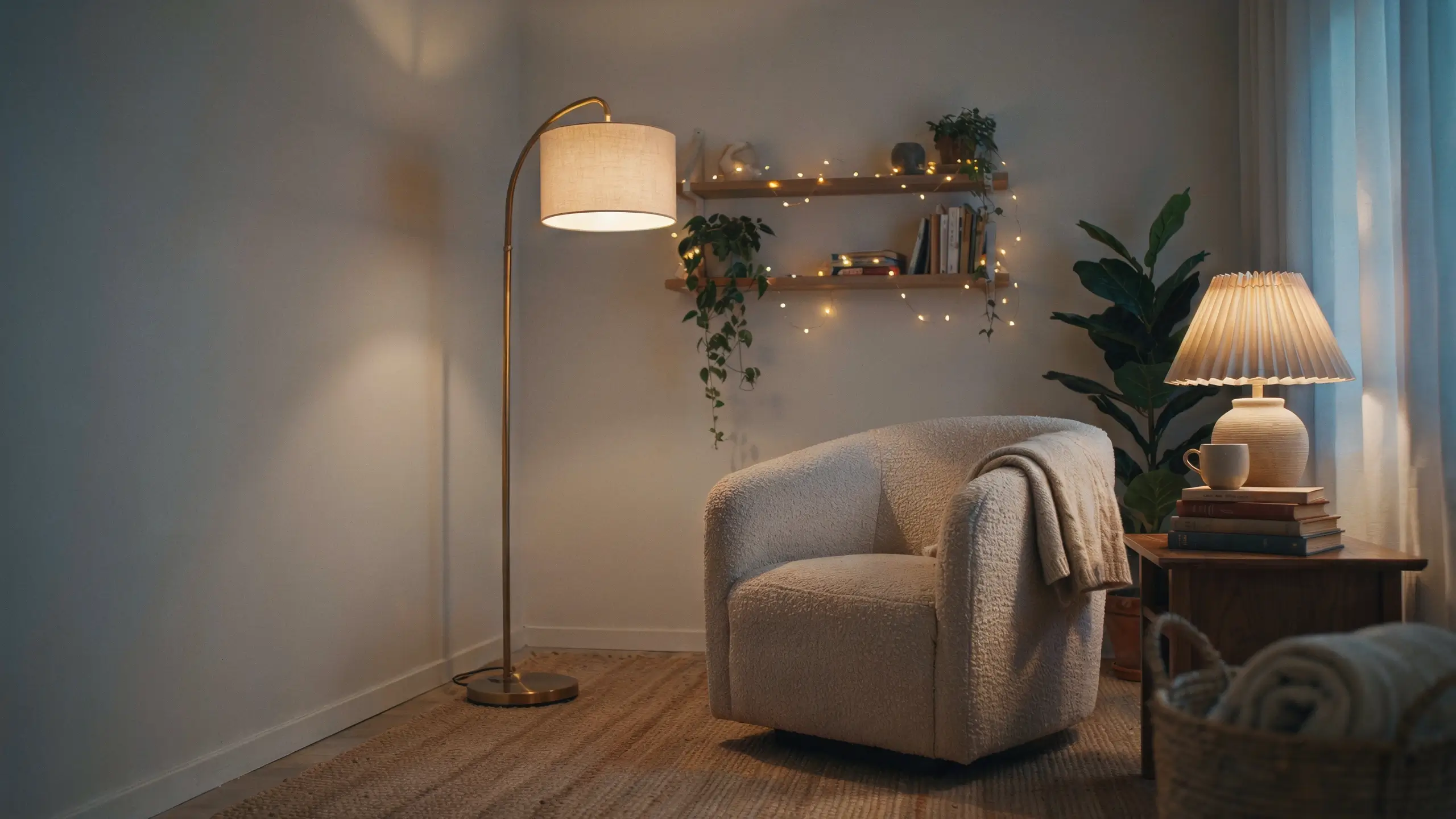 Cozy corner reading nook featuring an arched brass floor lamp serving as the main overhead light source, illuminating a white boucle armchair, wooden floating shelves with string lights, and a ceramic pleated table lamp.