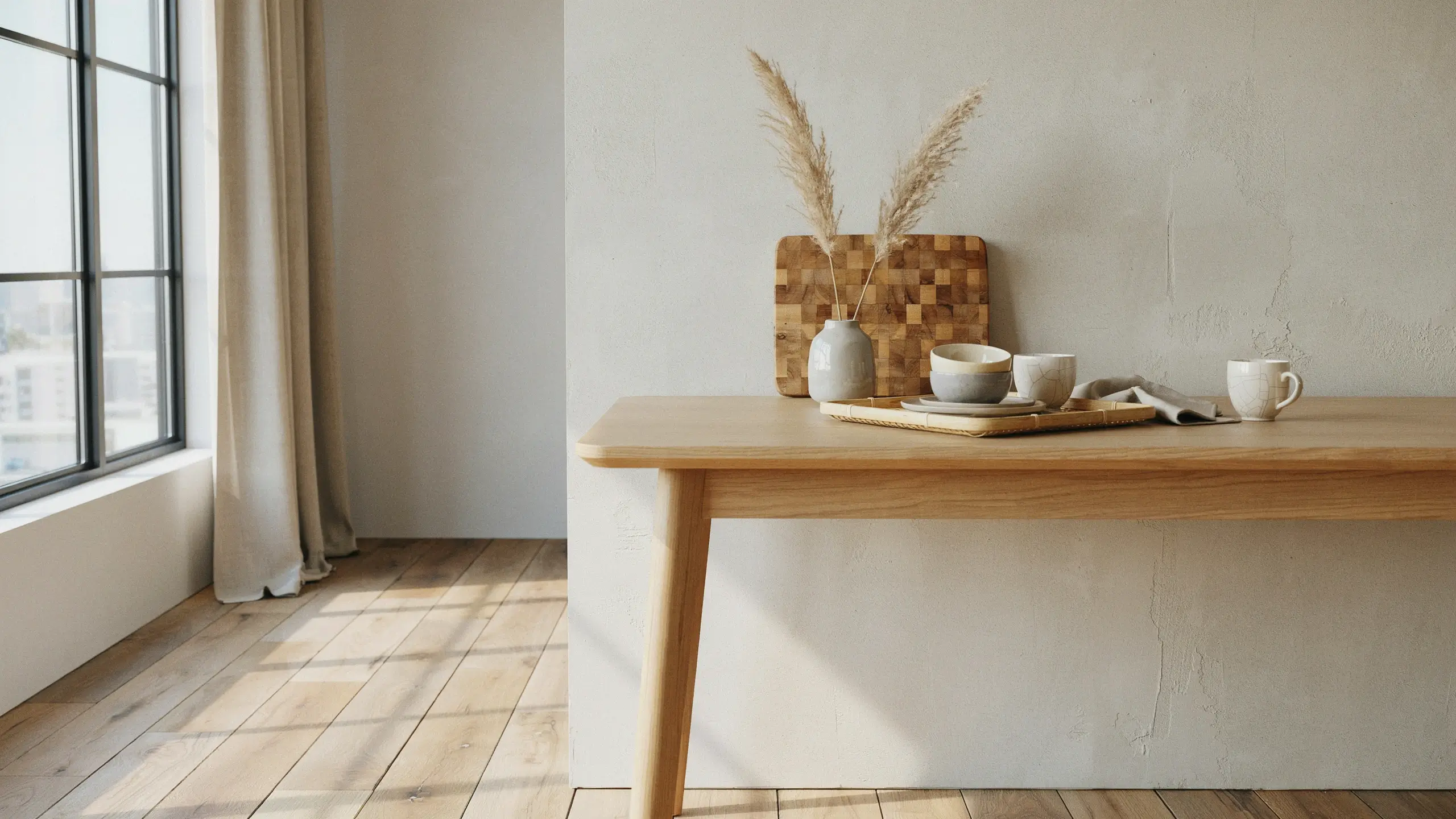A bright minimalist space featuring a light natural wood table set near a large window, adorned with a grey stoneware vase filled with dried pampas grass, small ceramic bowls, and a mug on a cutting board, all illuminated by warm sunlight that casts distinct shadows across the floor.
