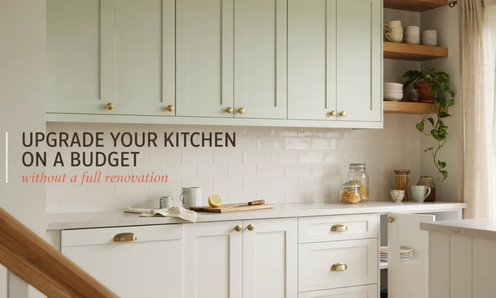 Bright kitchen with sage green upper cabinets and white lower drawers featuring modern gold hardware. A cutting board with lemon and glass pantry jars sit on the counter, demonstrating an affordable kitchen makeover without a full renovation.