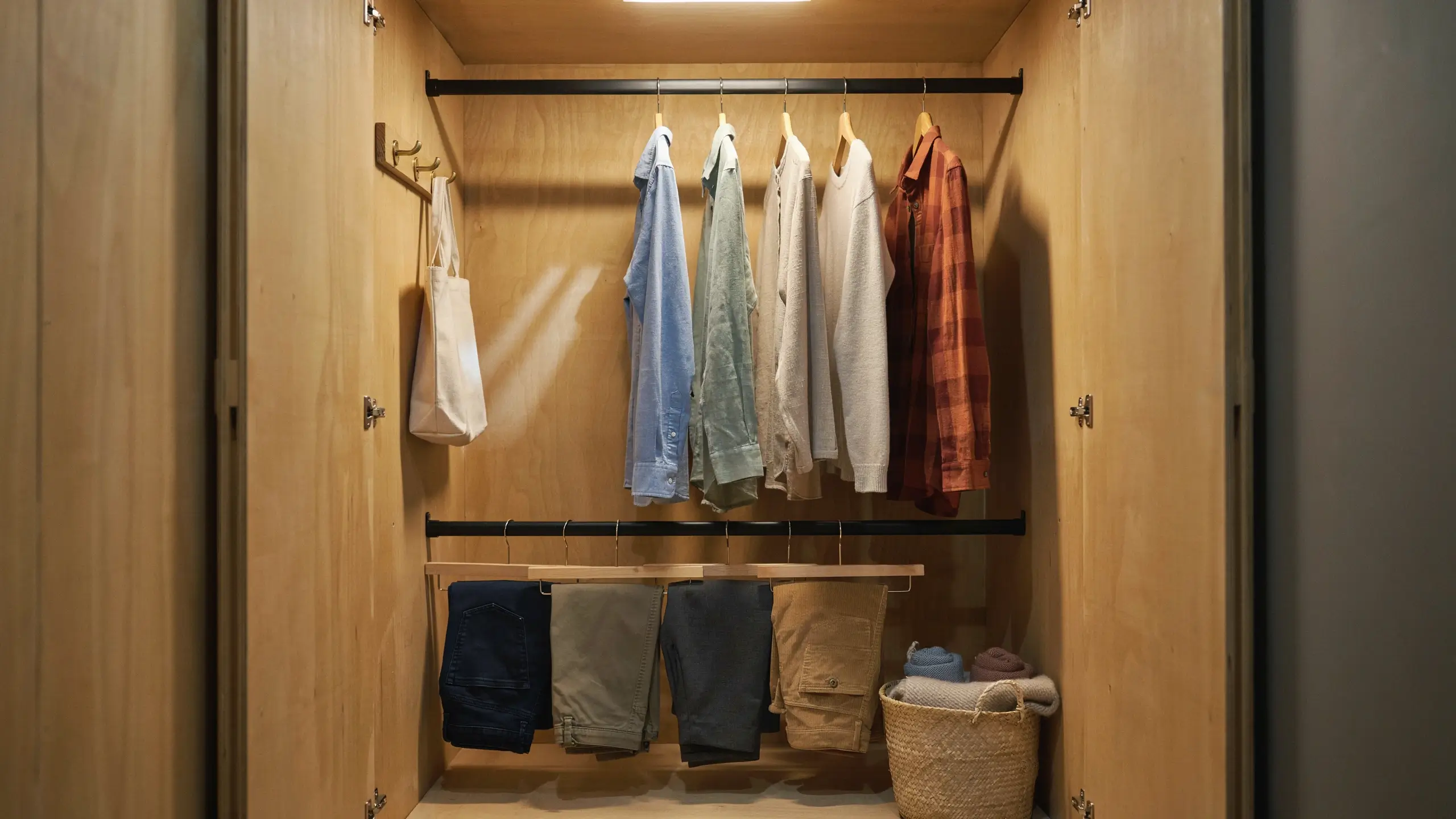 Vertical camper closet organization using two black tension rods to create dual-level hanging storage for folded shirts and pants, alongside a canvas tote bag and woven storage basket.