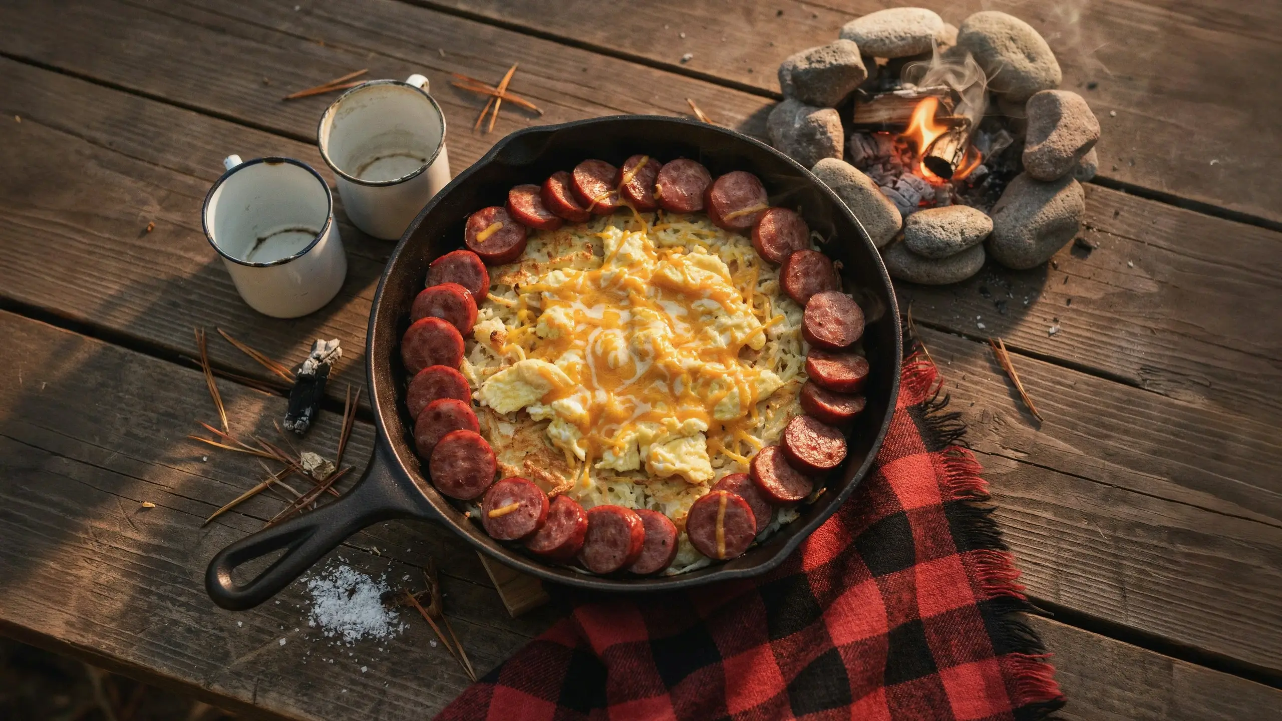 Hearty scrambled eggs topped with melted cheddar cheese and ringed with sliced smoked sausage, cooked in a seasoned cast-iron skillet on a rustic outdoor campsite table with enamel mugs.