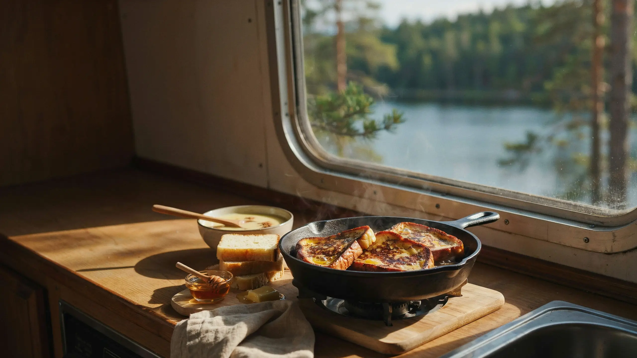 Freshly cooked steaming cast iron French toast on a wooden camper countertop, next to honey and bread, with a tranquil pine forest lake view outside the window.
