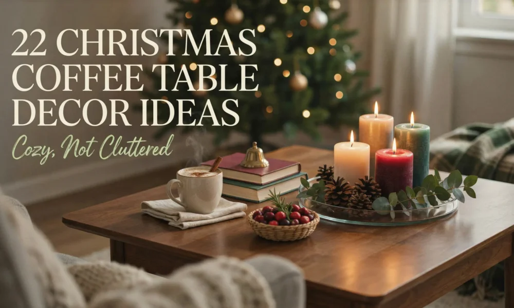 A cozy Christmas coffee table decor setup featuring four lit pillar candles in a glass tray surrounded by pinecones and eucalyptus, resting next to stacked books, a brass bell, and a steaming mug of hot cocoa with a cinnamon stick.