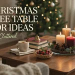 A cozy Christmas coffee table decor setup featuring four lit pillar candles in a glass tray surrounded by pinecones and eucalyptus, resting next to stacked books, a brass bell, and a steaming mug of hot cocoa with a cinnamon stick.