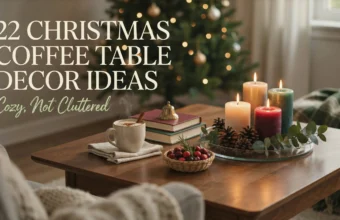 A cozy Christmas coffee table decor setup featuring four lit pillar candles in a glass tray surrounded by pinecones and eucalyptus, resting next to stacked books, a brass bell, and a steaming mug of hot cocoa with a cinnamon stick.