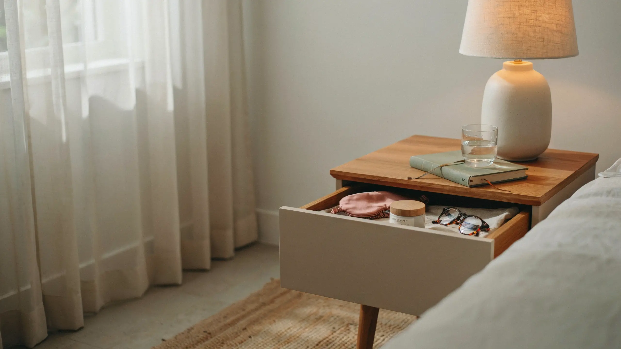 A modern classic nightstand with an open white drawer revealing a pink silk sleep mask, a wooden-lid cream jar, and tortoiseshell glasses, sitting on a light wood surface beside a white lamp and a glass of water in a bright, cozy bedroom. 