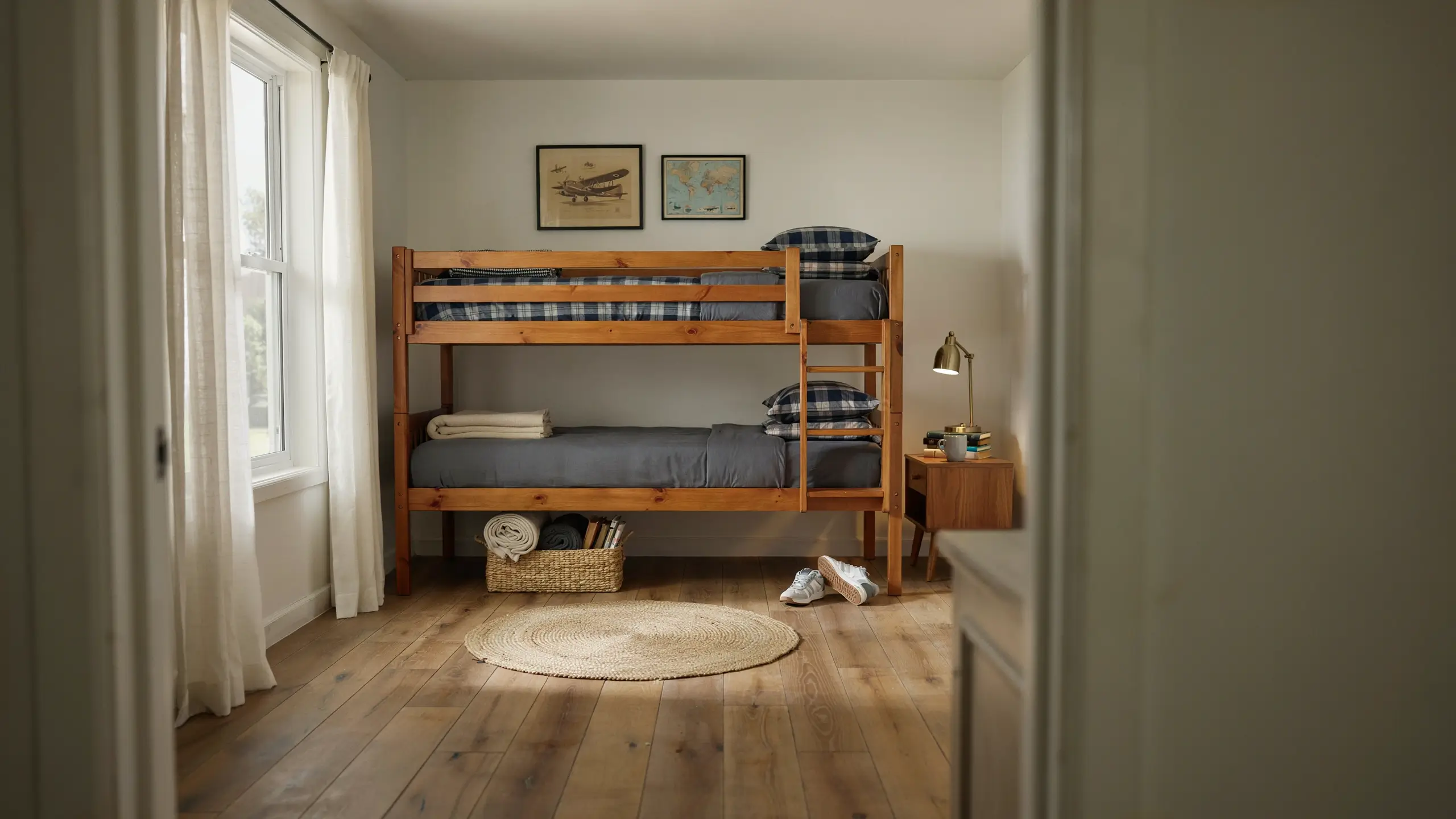 A classic light-wood bunk bed with grey duvets and blue plaid pillows, featuring a round woven rug and a nightstand with a brass lamp, situated in a bright, minimalist bedroom designed to maximize floor space.