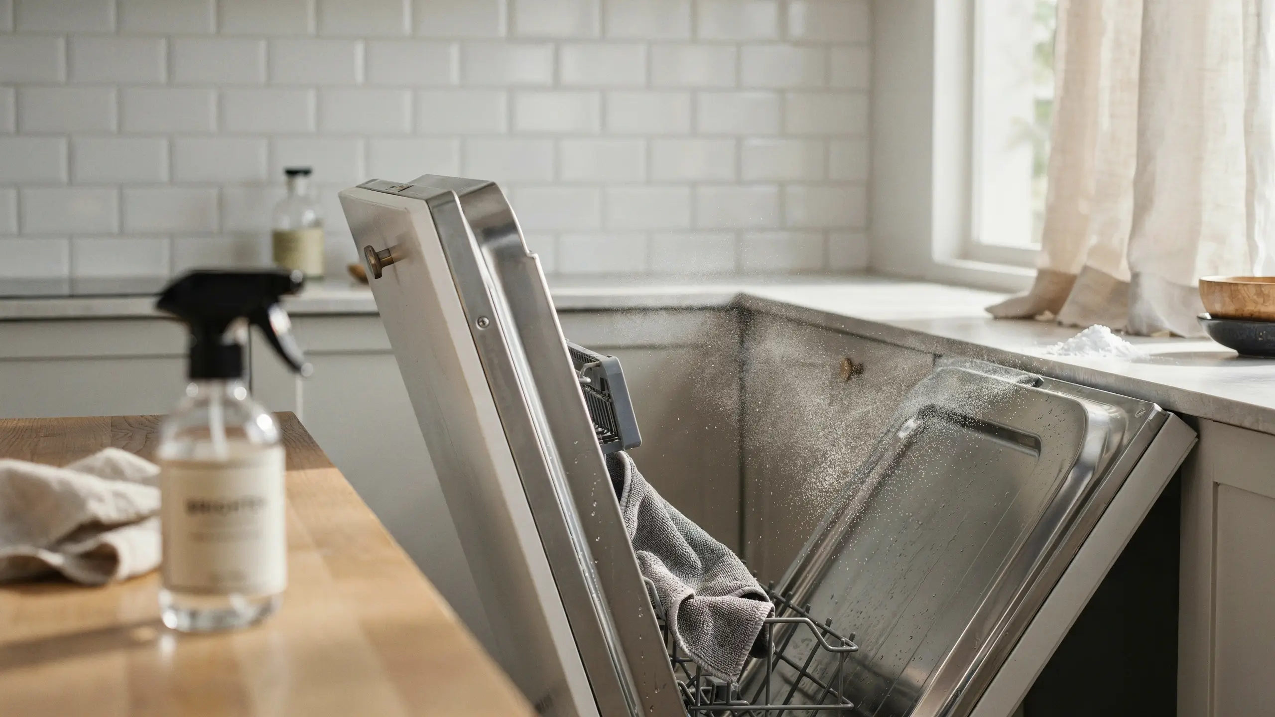Open stainless steel dishwasher with a cleaning spray bottle and dish towel, demonstrating the process of wiping down the interior walls and door during routine appliance maintenance.