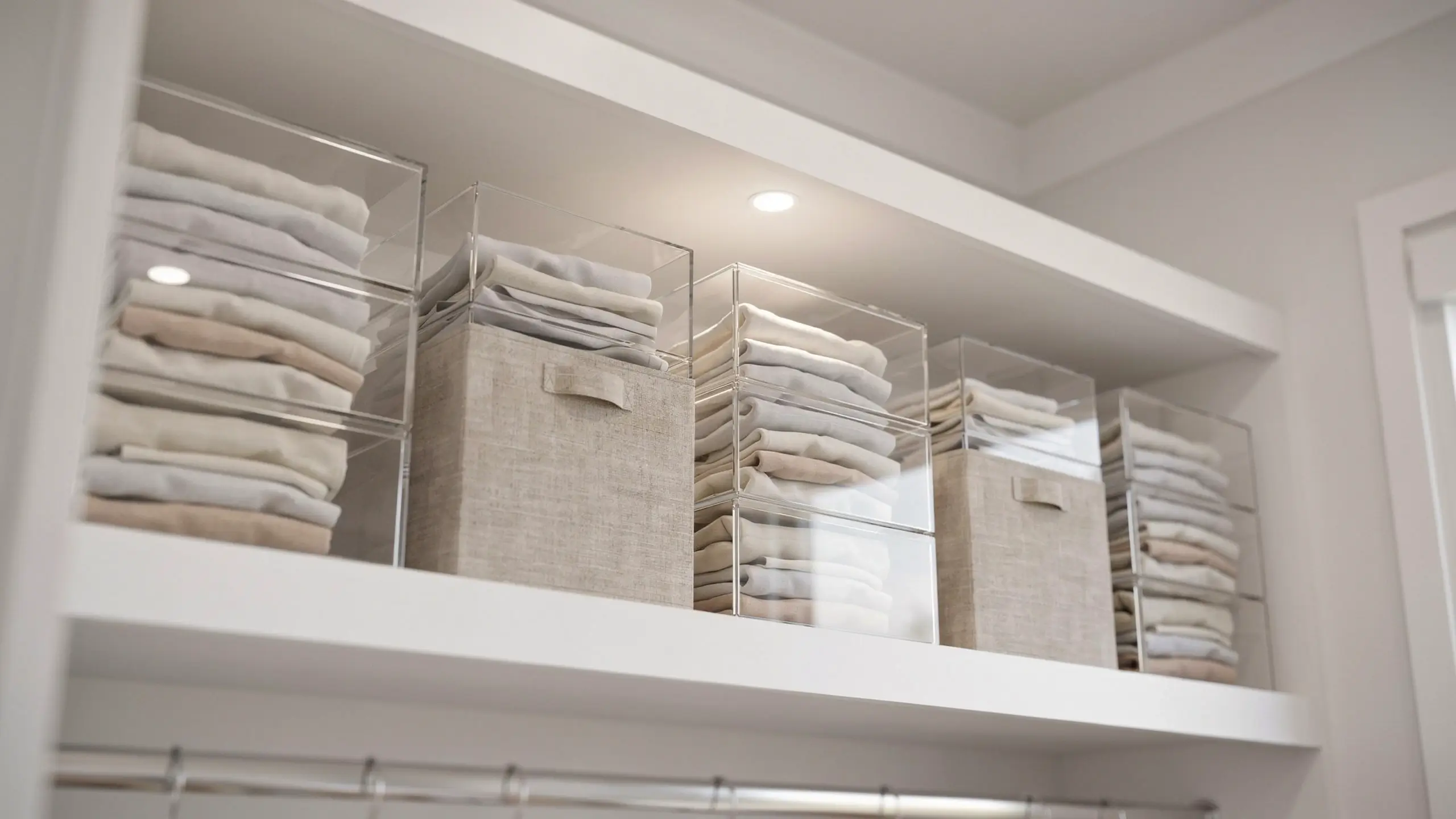 Clear acrylic storage bins stacked on high white closet shelves holding neatly folded clothes, alongside beige fabric baskets.