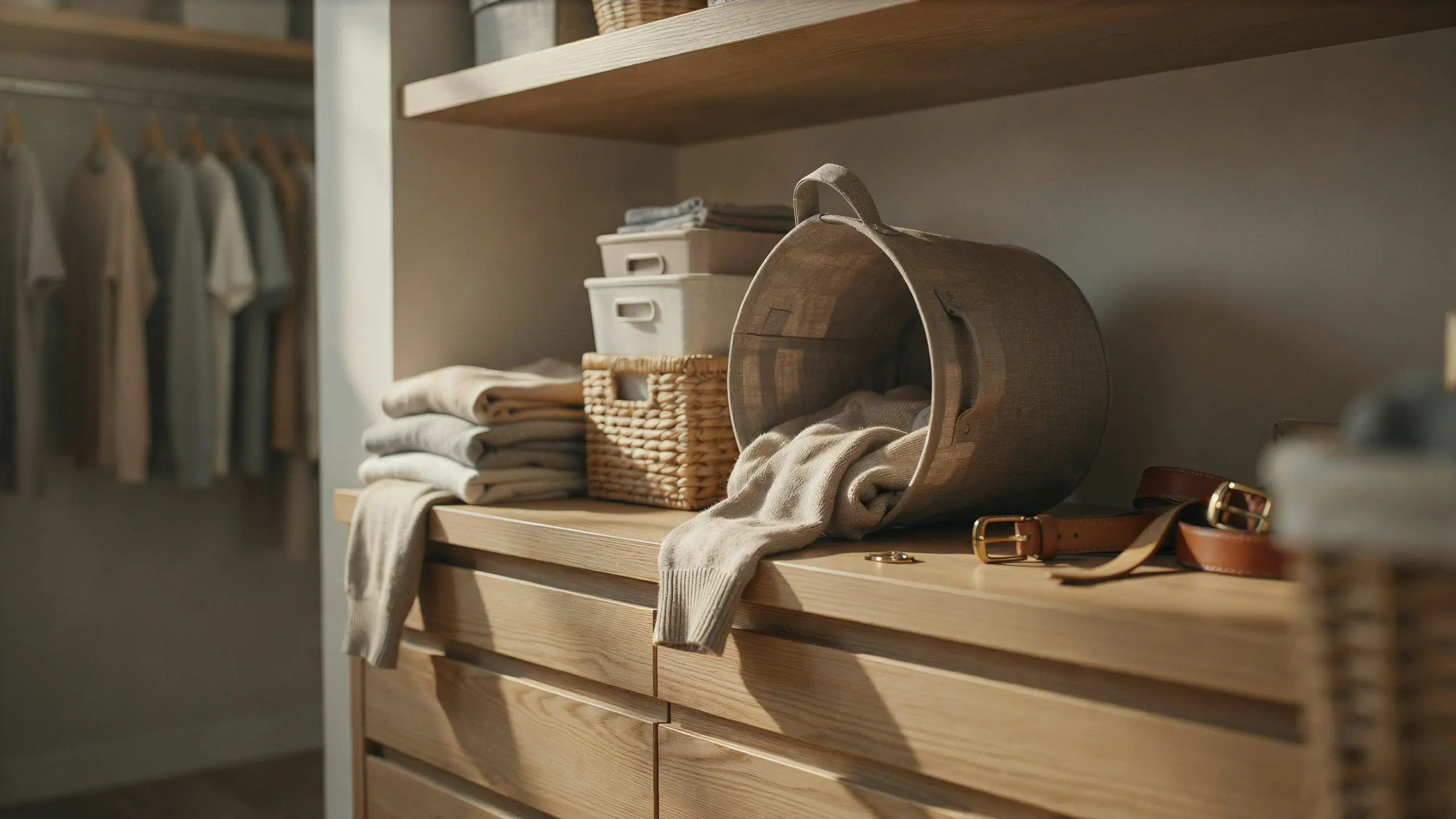 Light wooden dresser with white plastic storage bins, woven wicker basket, and beige fabric bucket holding a folded sweater, alongside leather belts in a warm minimalist closet. 