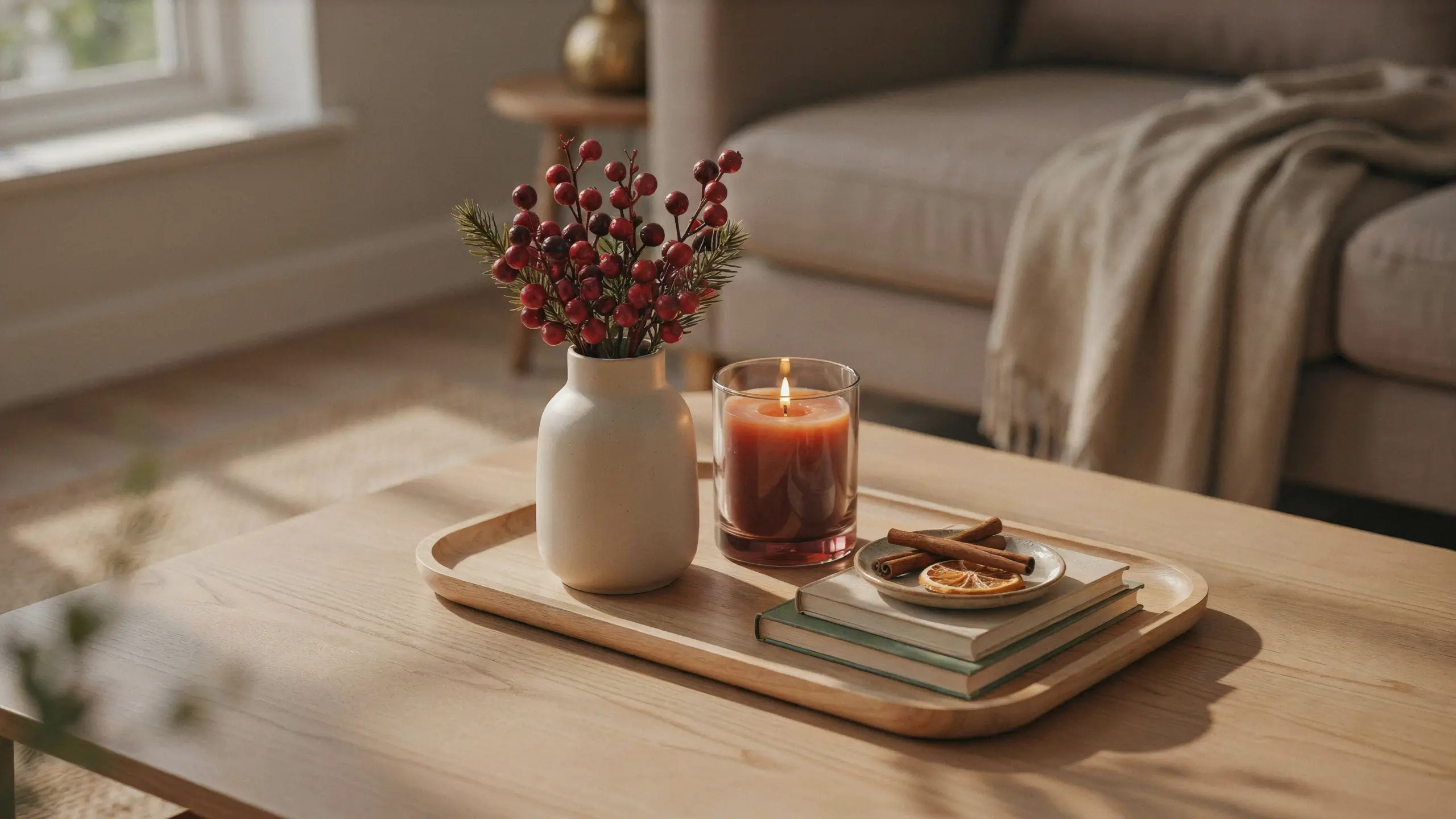 A cozy coffee table vignette featuring a white ceramic vase with red winter berries and pine sprigs, a lit amber glass candle, and a stack of books styled with cinnamon sticks and dried orange slices, set on a wooden tray in a warm sunlit living room with a beige throw blanket.