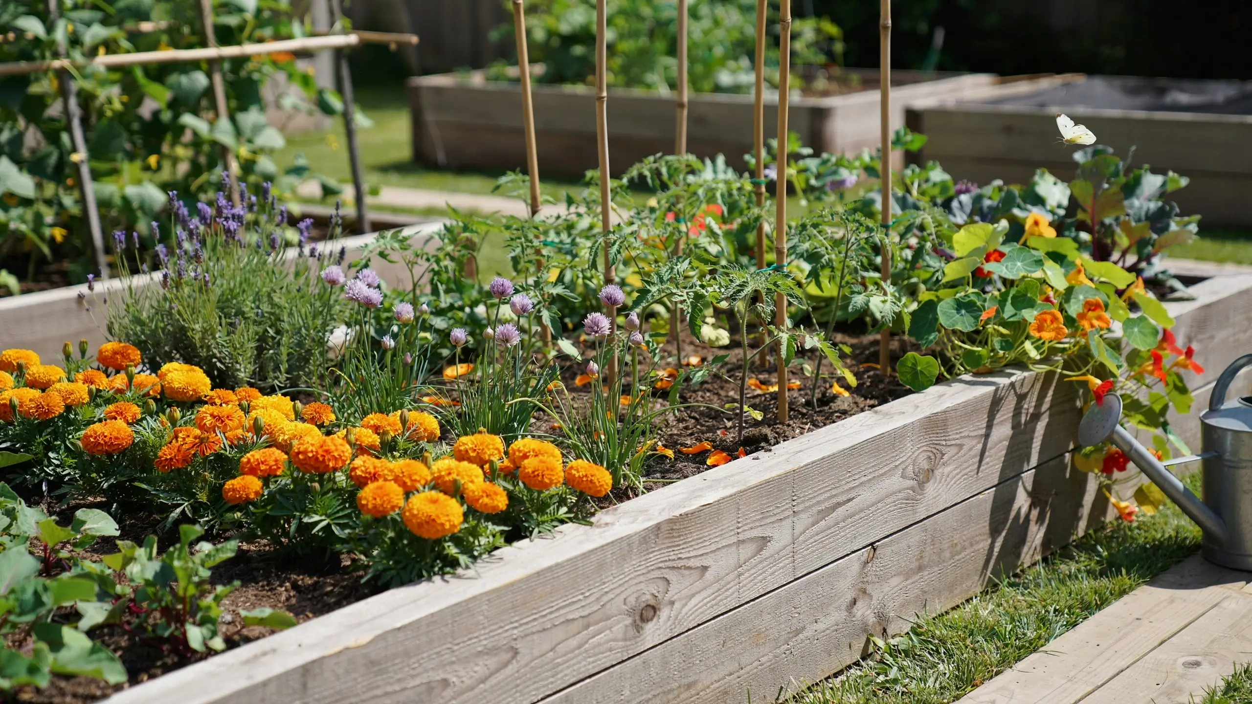 A raised wooden garden bed featuring orange marigolds, lavender, and chives planted alongside tomato plants to serve as companion plants, naturally repelling aphids and distracting pests while attracting beneficial pollinators.
