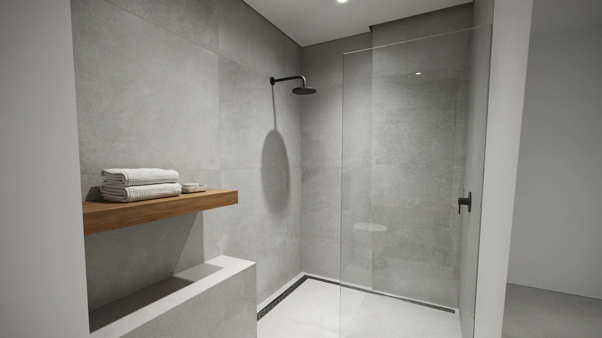 Modern walk-in shower featuring light grey concrete-look large-format wall tiles, a matte black showerhead, and a warm wood floating shelf holding folded white towels in an industrial-modern bathroom.