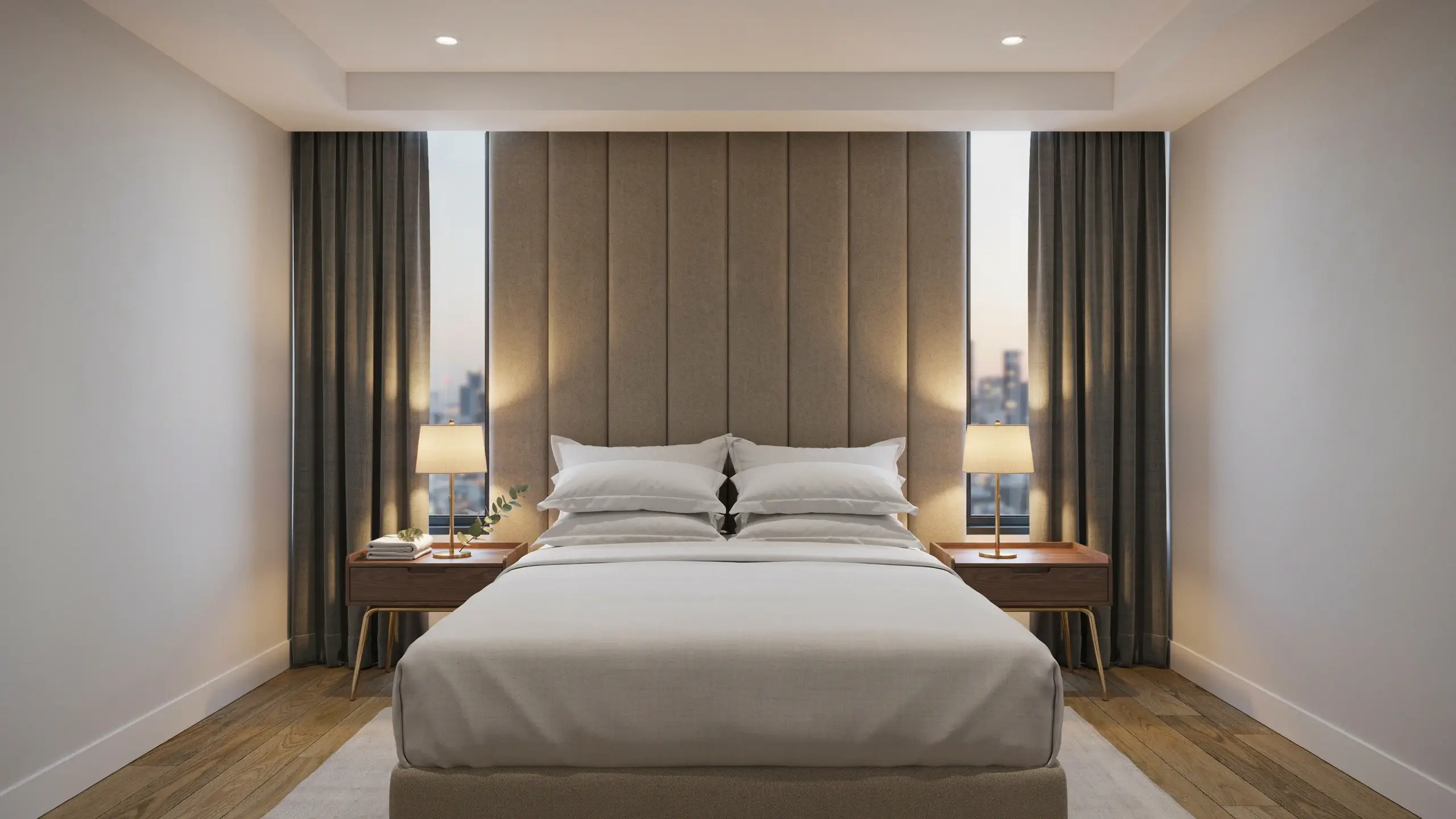 Symmetrical contemporary luxury hotel suite bedroom with white bedding, tall beige upholstered headboard, warm bedside lamps, and floor-to-ceiling windows showcasing a city skyline at dusk.