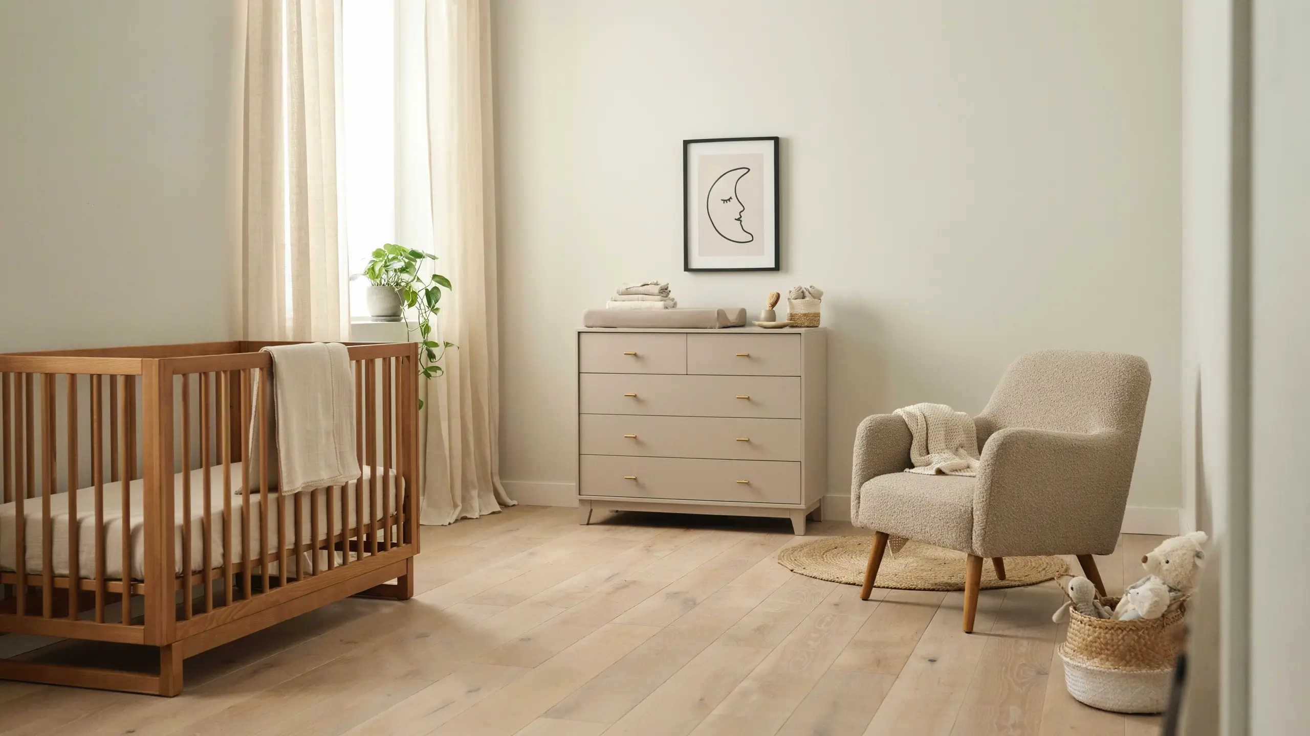 Minimalist neutral nursery with convertible wooden crib, beige dresser, and modern armchair showcasing furniture that grows with a baby.