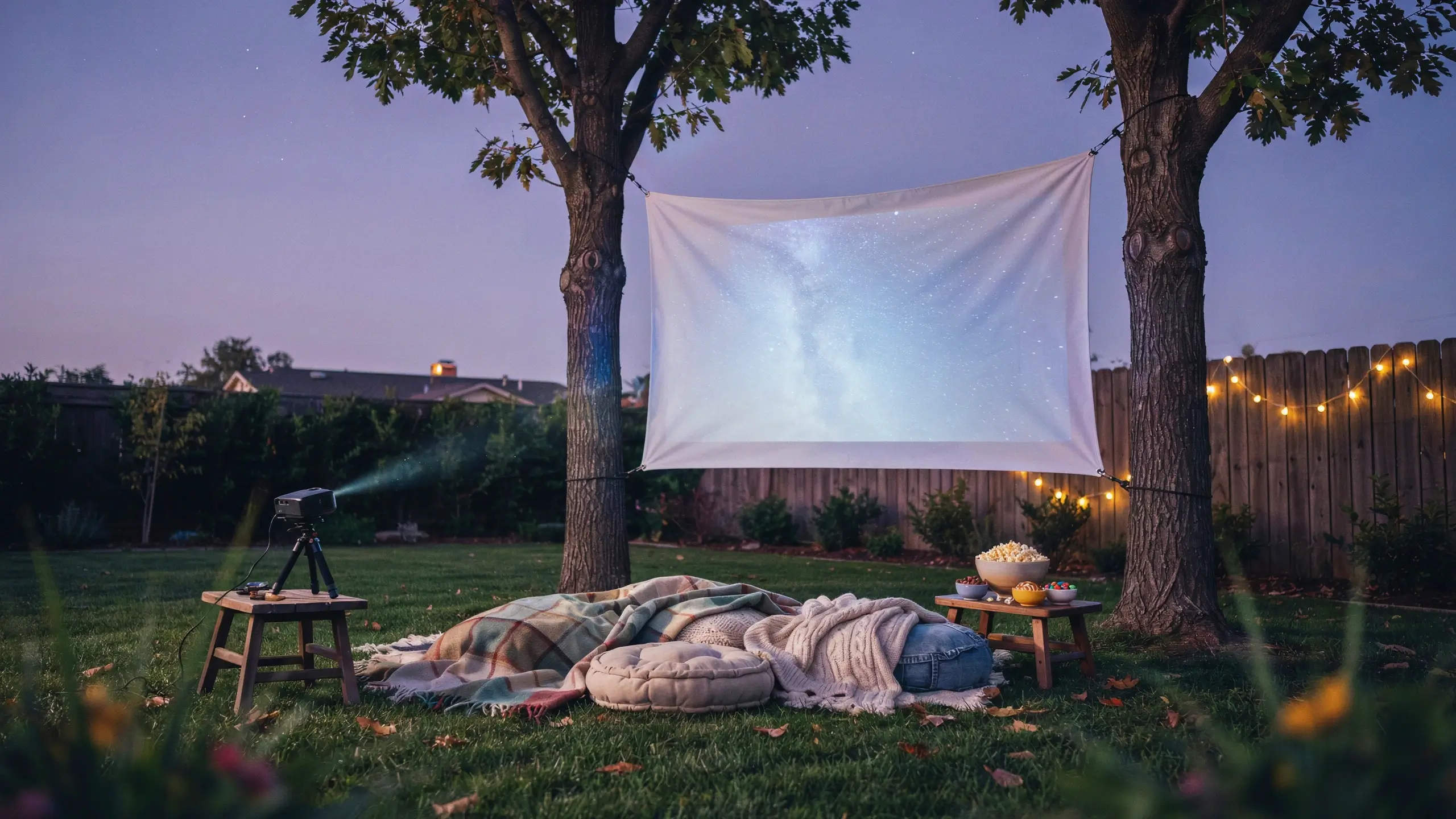 A cozy backyard movie night setup featuring a digital projector resting on a wooden stool, projecting a galaxy image onto a white screen strung between two mature trees. On the lush green grass, cozy layered blankets and plush floor pillows create a comfortable viewing spot, alongside a small wooden table holding a large bowl of popcorn and snacks. Warm glowing string lights drape across a wooden fence in the background, set against a tranquil twilight sky with faint stars, illustrating a perfect summer evening outdoor gathering.
