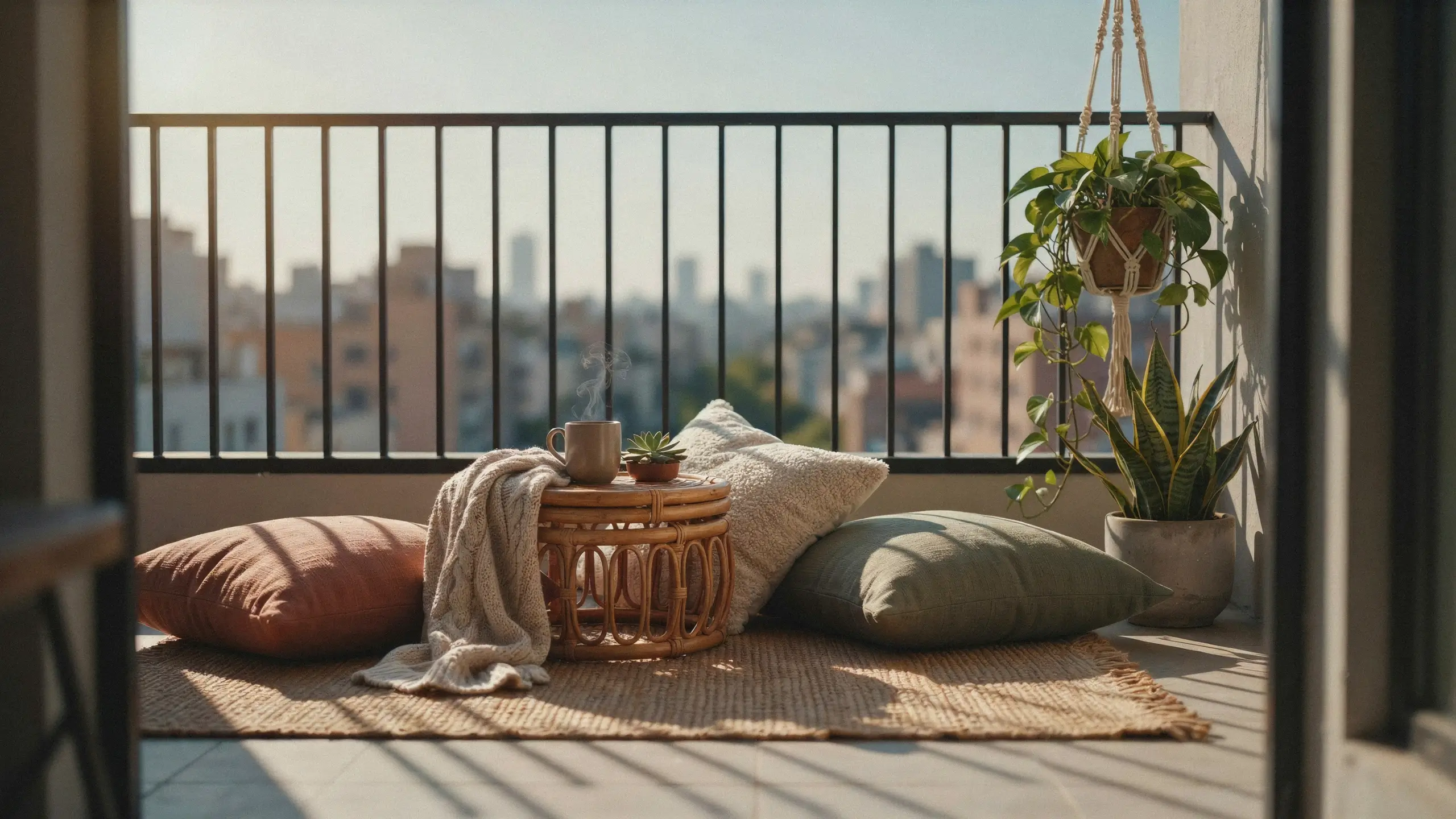 Cozy sunlit balcony featuring oversized terracotta and olive green floor cushions as an alternative to chairs, arranged around a rattan table with a steaming mug, a knit throw, and lush hanging macrame plants.