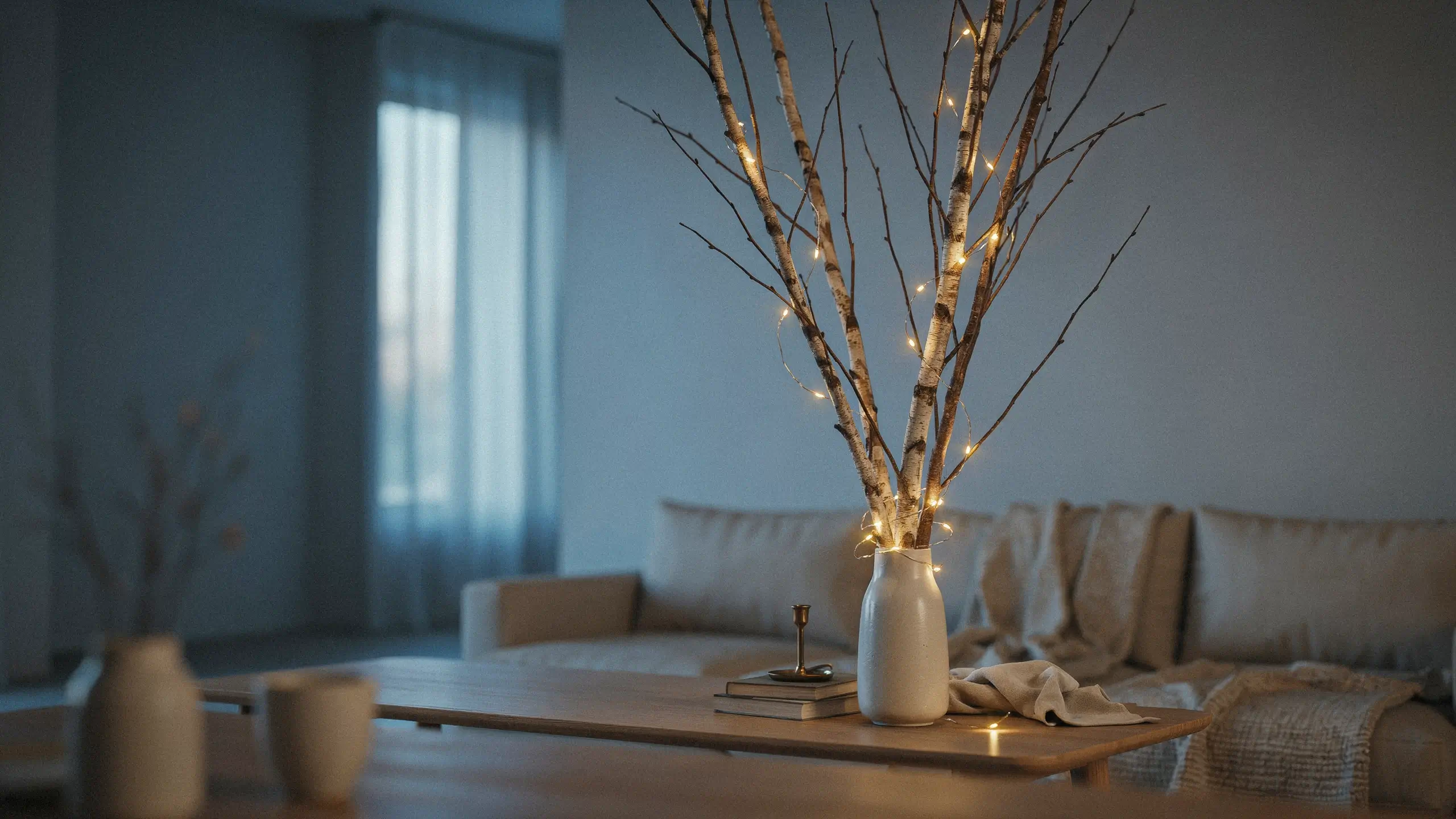 White ceramic vase filled with bare birch branches draped with warm string lights sitting on a wooden coffee table next to a stack of books in a cozy, dimly lit minimalist living room.