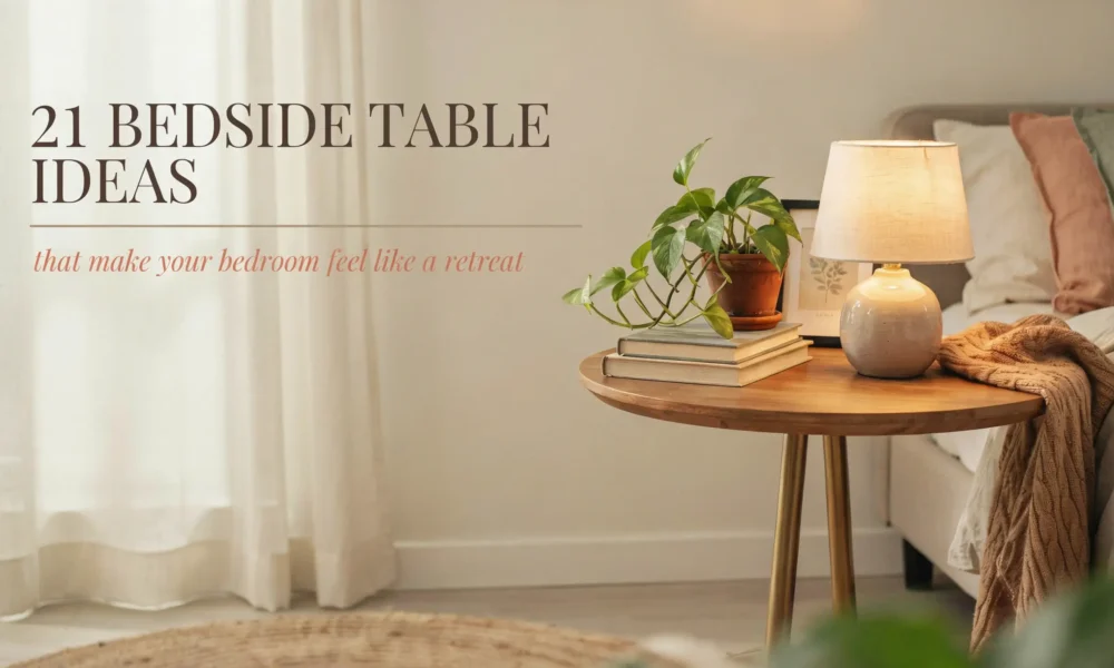 Round wooden bedside table styled with a ceramic lamp, stacked books, and a potted pothos plant next to a cozy bed. Text overlay reads: 21 bedside table ideas that make your bedroom feel like a retreat.