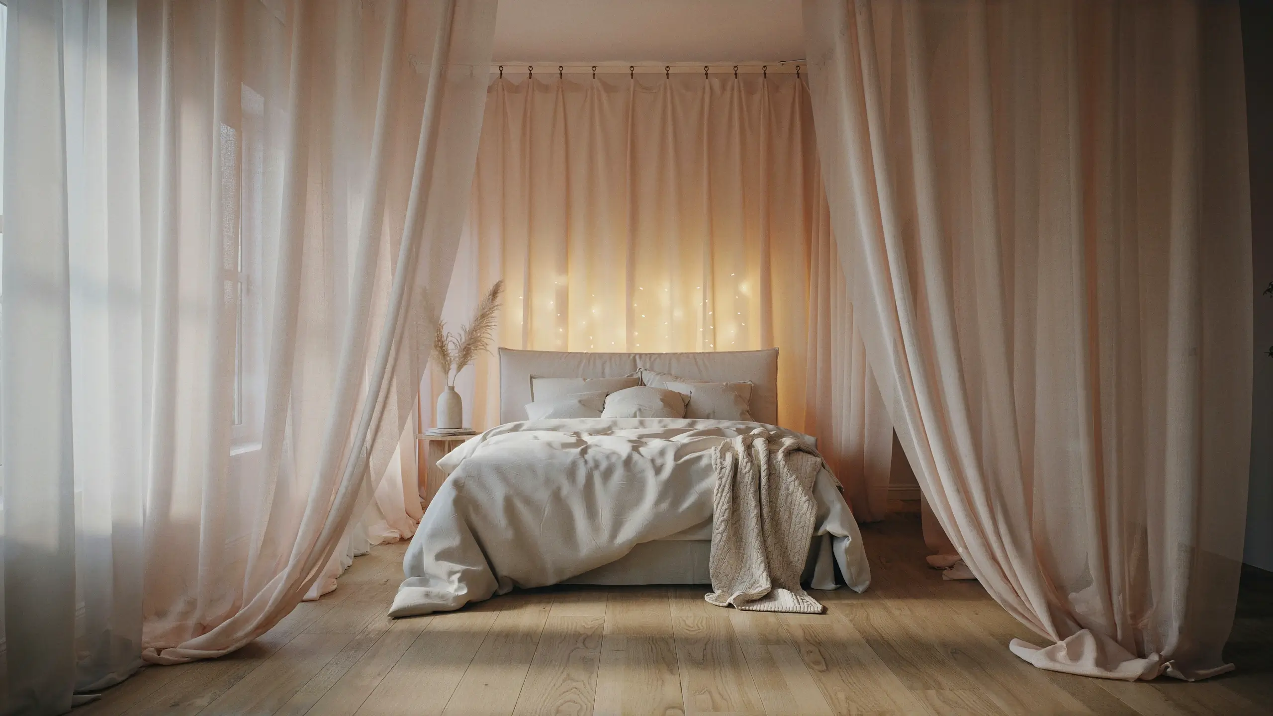 Cozy bedroom featuring a no-drill sheer fabric canopy draped around a bed with warm fairy lights.