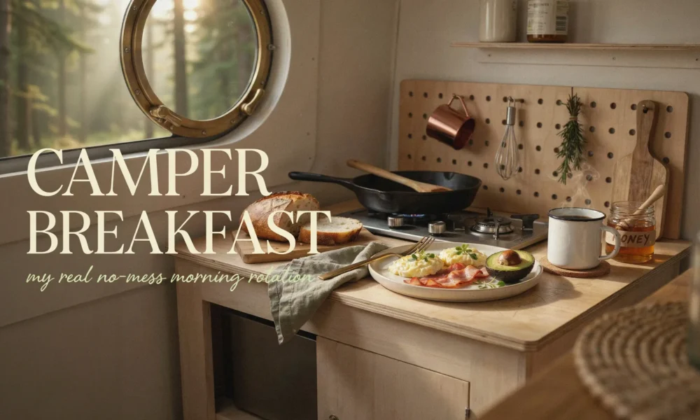 Cozy campervan breakfast with scrambled eggs, bacon, avocado, and coffee, viewed from a porthole window overlooking a misty pine forest, capturing a relaxing vanlife morning routine.