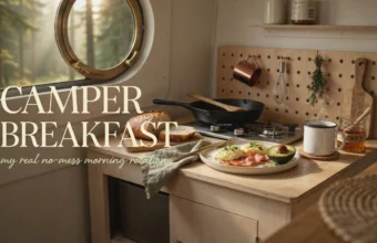 Cozy campervan breakfast with scrambled eggs, bacon, avocado, and coffee, viewed from a porthole window overlooking a misty pine forest, capturing a relaxing vanlife morning routine.