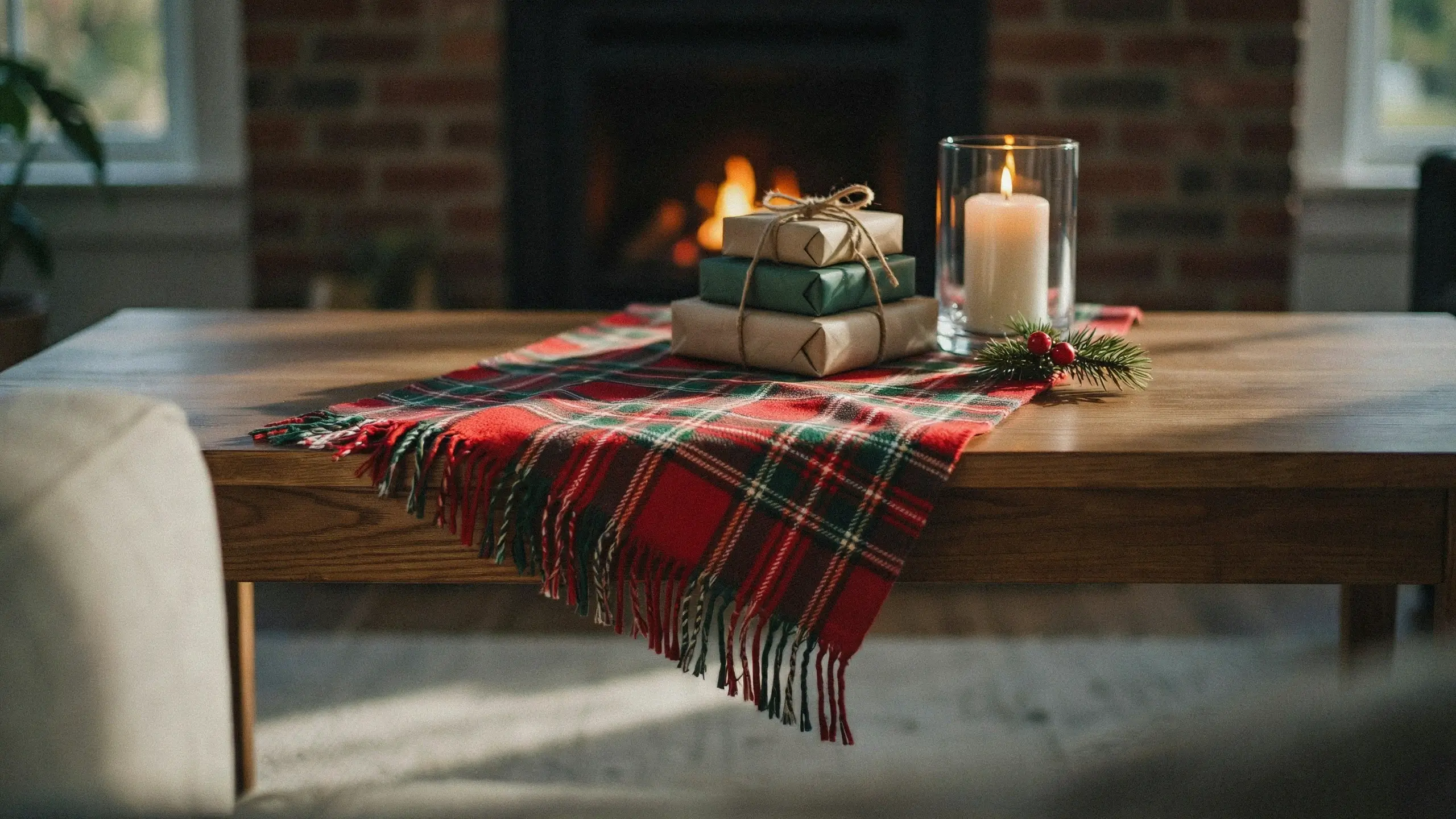 A festive stack of rustic kraft paper Christmas gifts tied with natural twine rests on a red and green tartan plaid table runner. The runner drapes over a minimalist wooden coffee table, positioned next to a glowing white candle in a glass hurricane vase and a small sprig of pine with red berries, all warmly illuminated by a brick fireplace in the background.