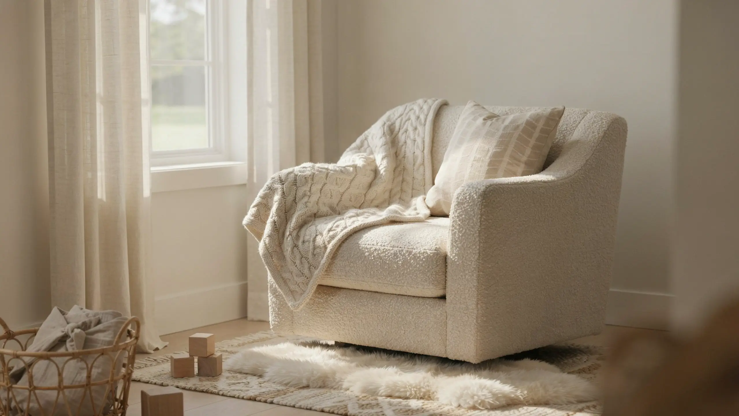 A cozy cream boucle armchair draped with a chunky cable knit throw blanket and striped pillow, sitting on layered faux-fur and textured rugs, with wooden toy blocks and a wicker basket nearby in a sunlit neutral room. 