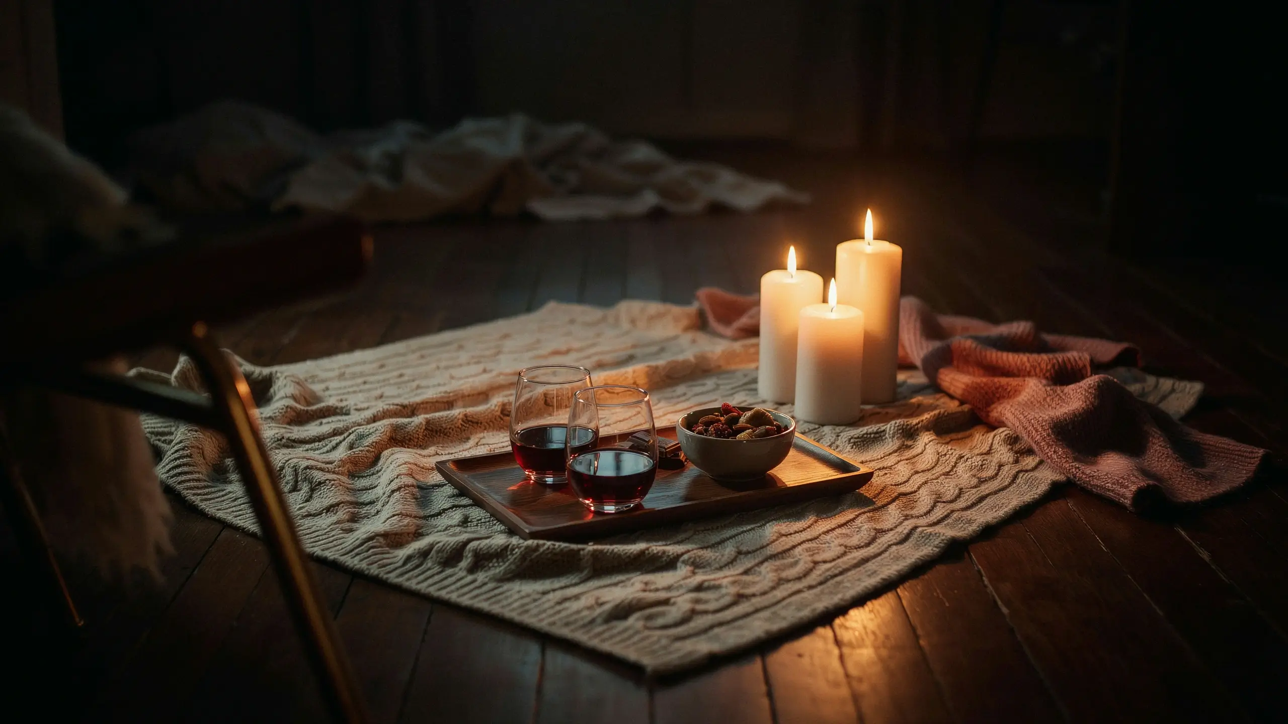 A cozy evening low floor setup on dark wood featuring a wooden tray with two glasses of red wine, a bowl of mixed nuts, and three lit white pillar candles, resting on a chunky knit beige blanket.
