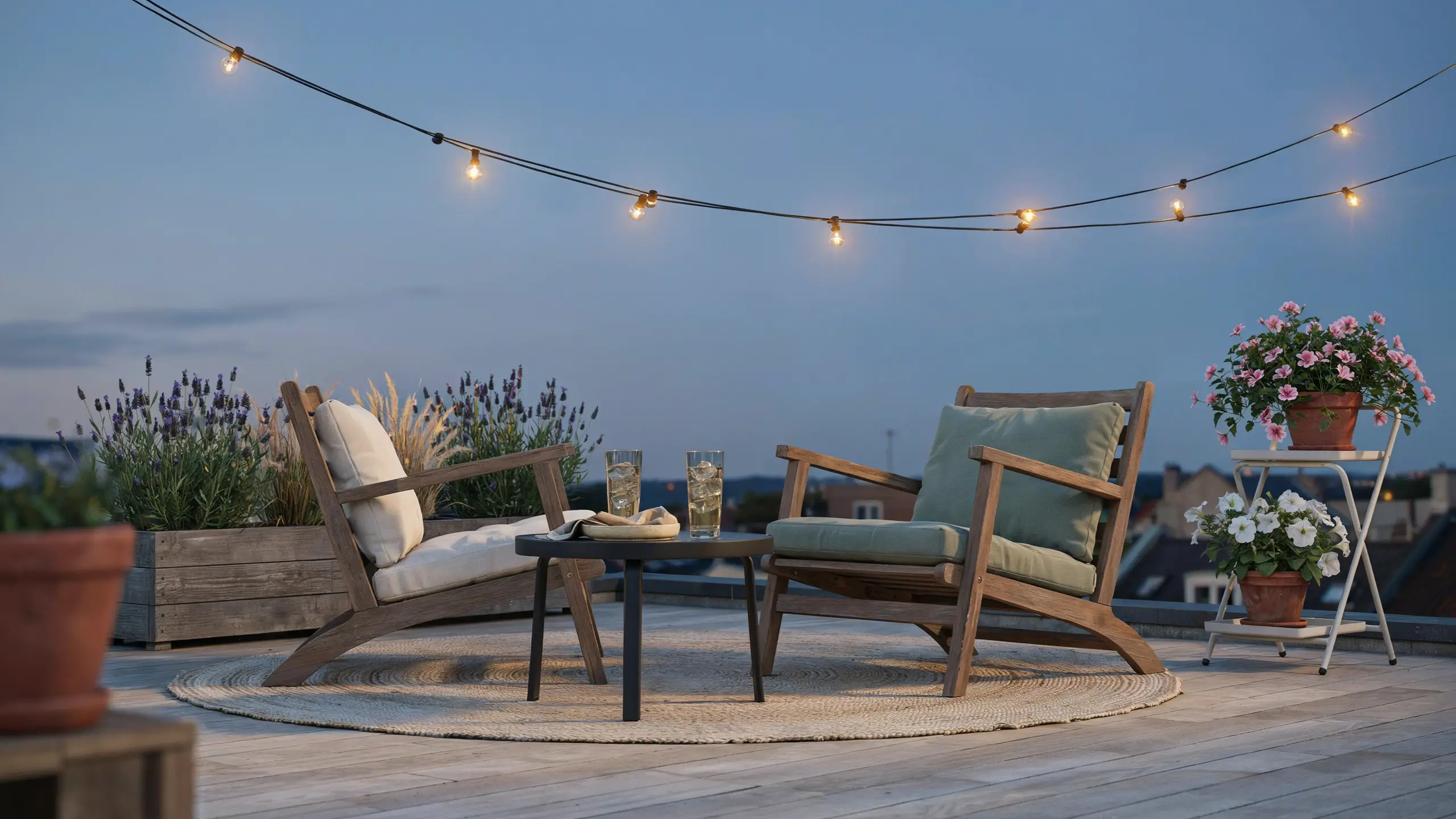 Two wooden lounge chairs with sage green and beige cushions arranged on a round woven rug atop a city rooftop balcony, accompanied by a small black side table with iced drinks and potted lavender, all beautifully illuminated by warm string lights against a twilight sky, setting a welcoming scene for guests.