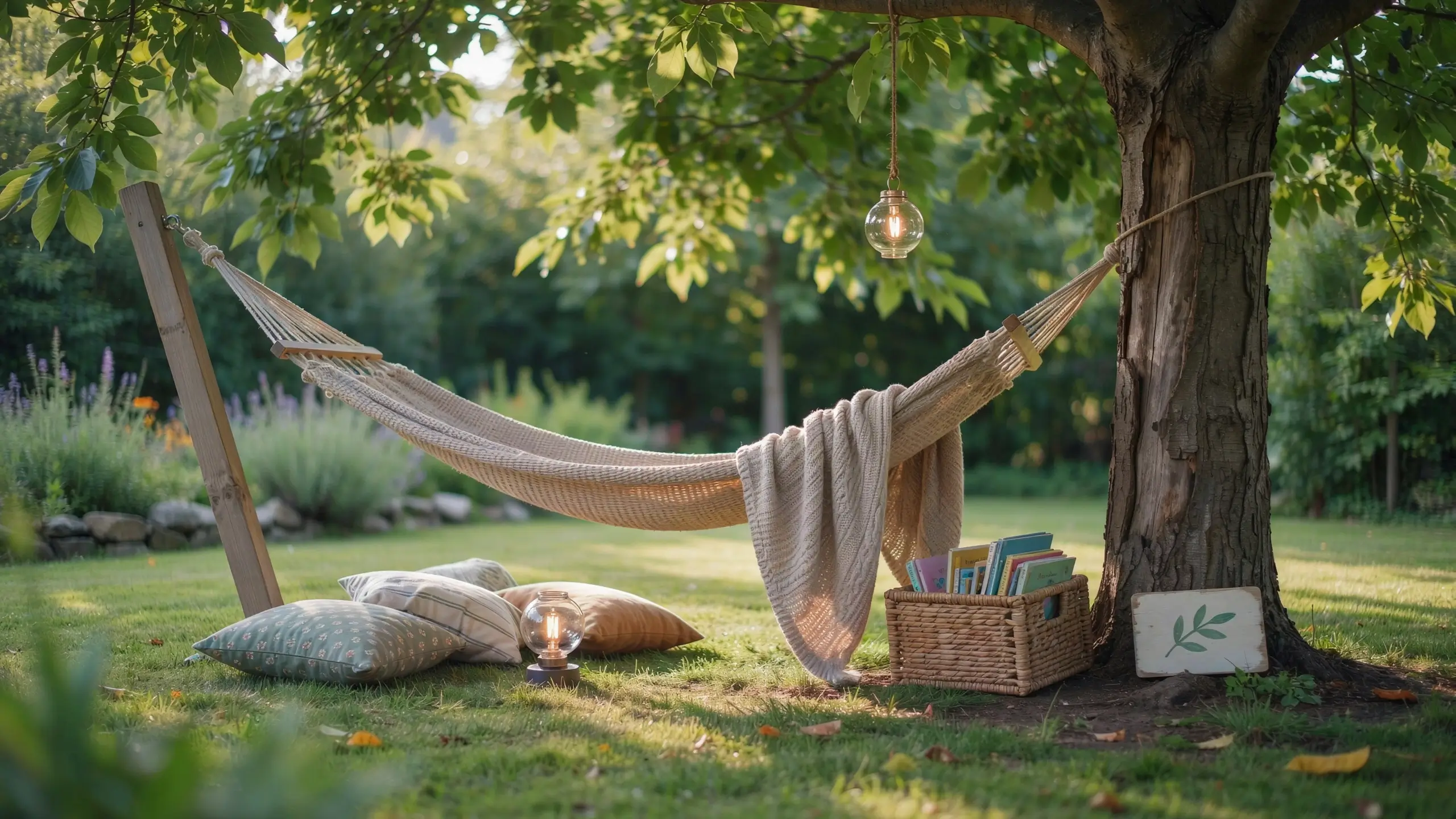 A comfortable woven hammock draped with a cream knitted throw blanket hung beneath a large shade tree, surrounded by soft floor pillows, a lit hanging glass bulb, and a wicker basket full of colorful books in a sunlit backyard garden.