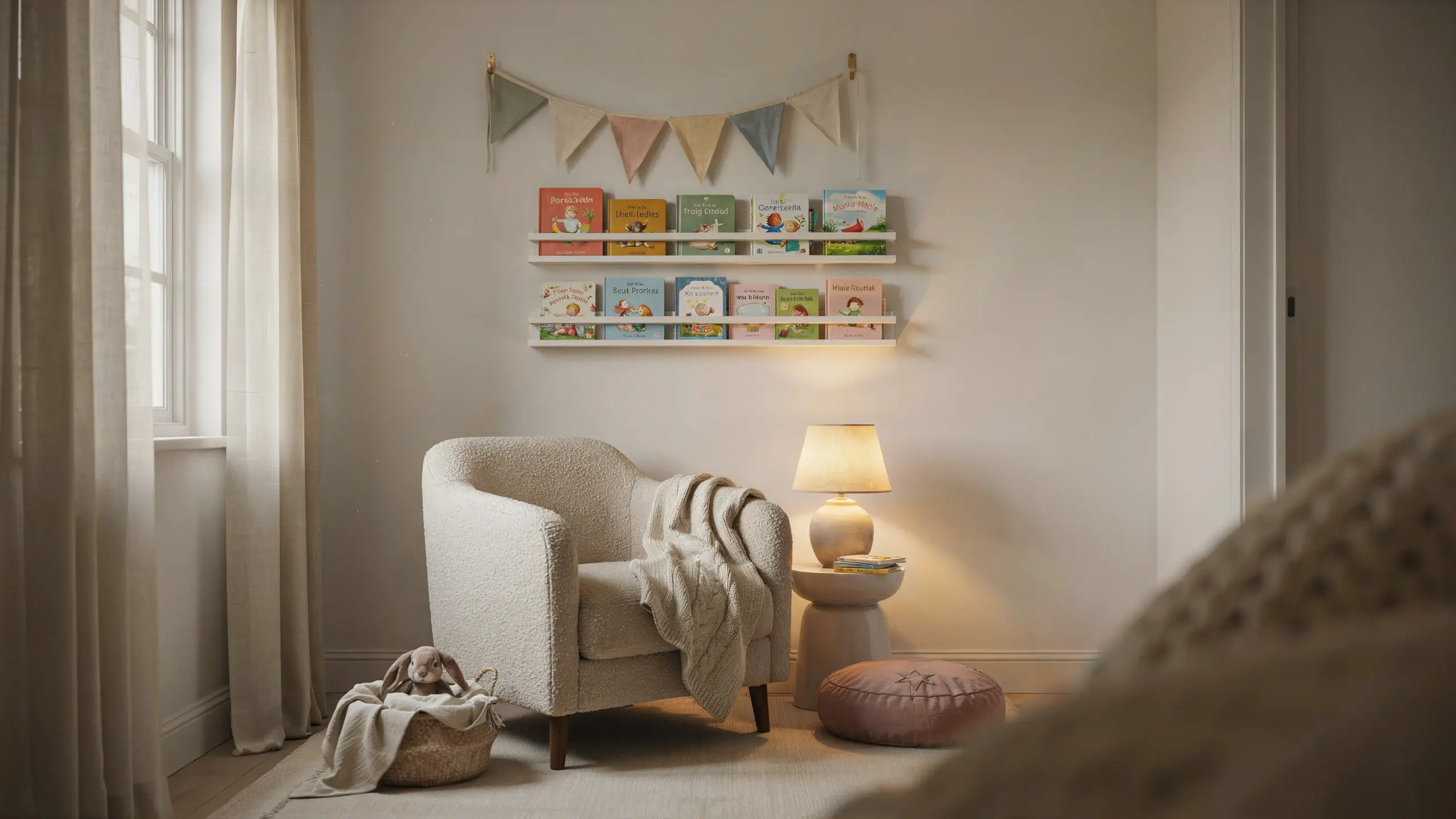 A cozy reading nook with a cream boucle armchair, a soft throw blanket, and a plush bunny in a wicker basket, set beneath two-tier white bookshelves displaying colorful children's picture books.