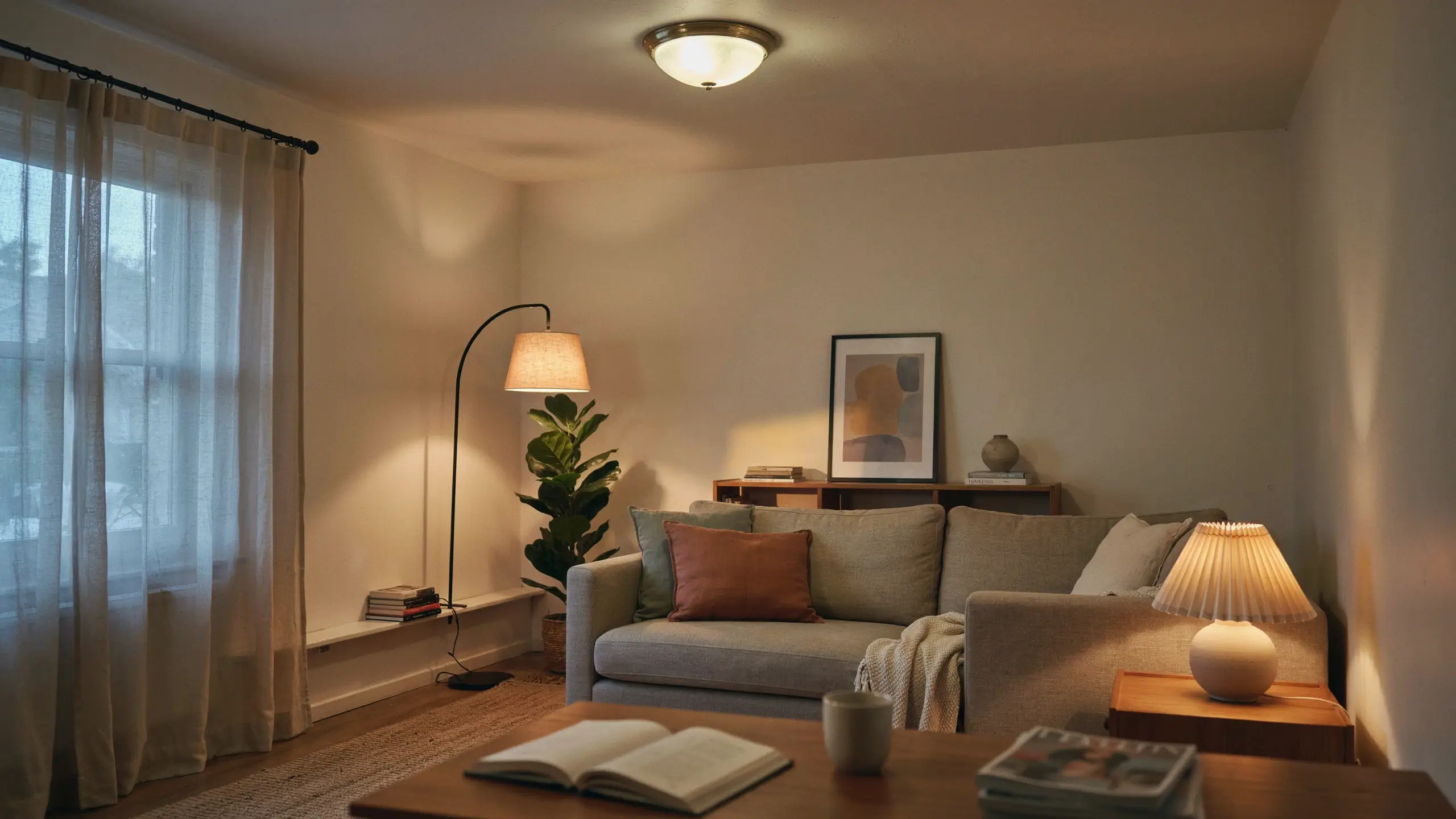 Cozy living room with layered lighting featuring overhead dome, arc floor lamp, and pleated table lamp on wooden end table.