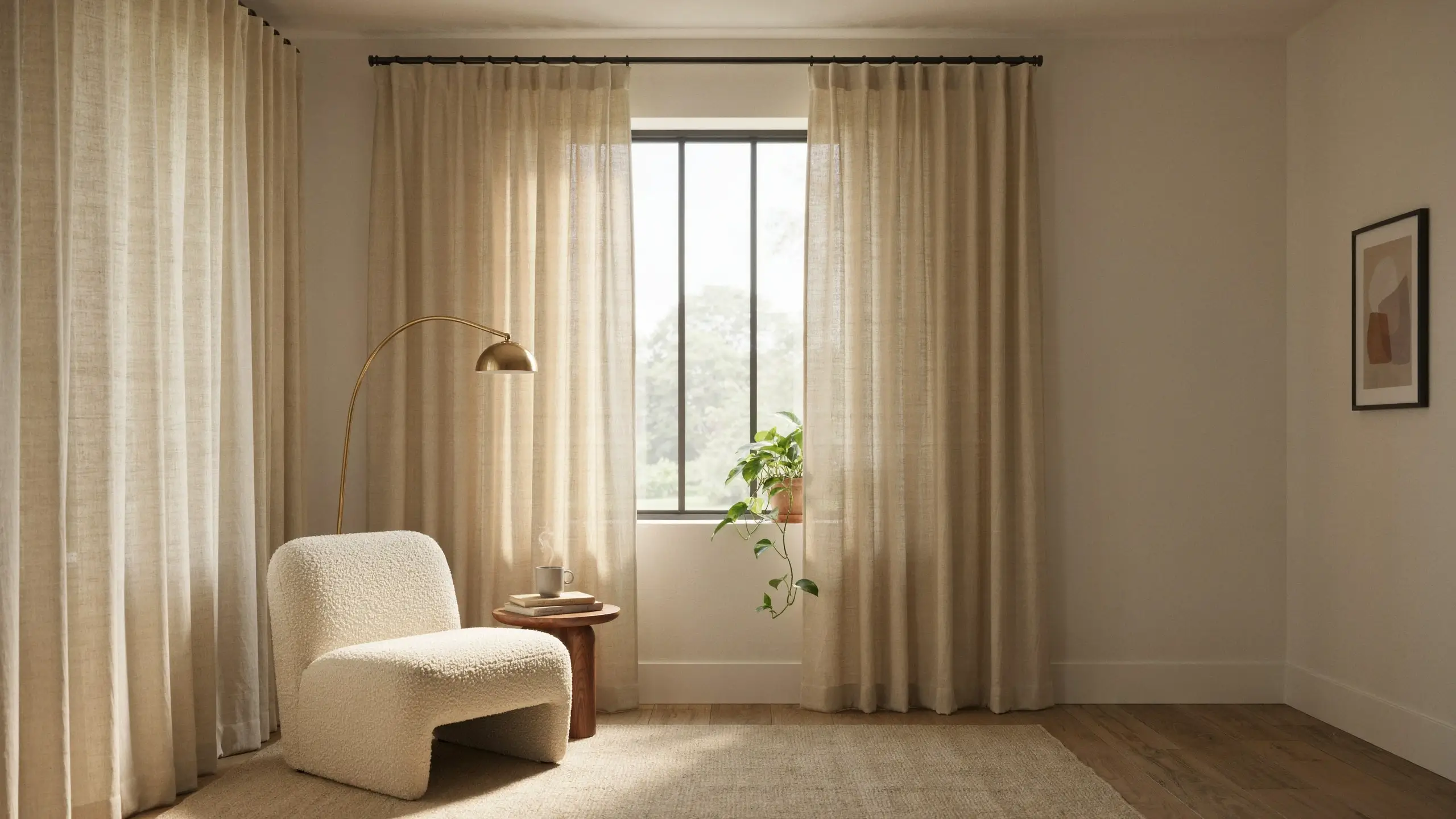 Cozy neutral interior with beige linen curtains hung high and wide on a black rod framing a large window, beside a white boucle chair and wooden side table in a minimalist reading nook.
